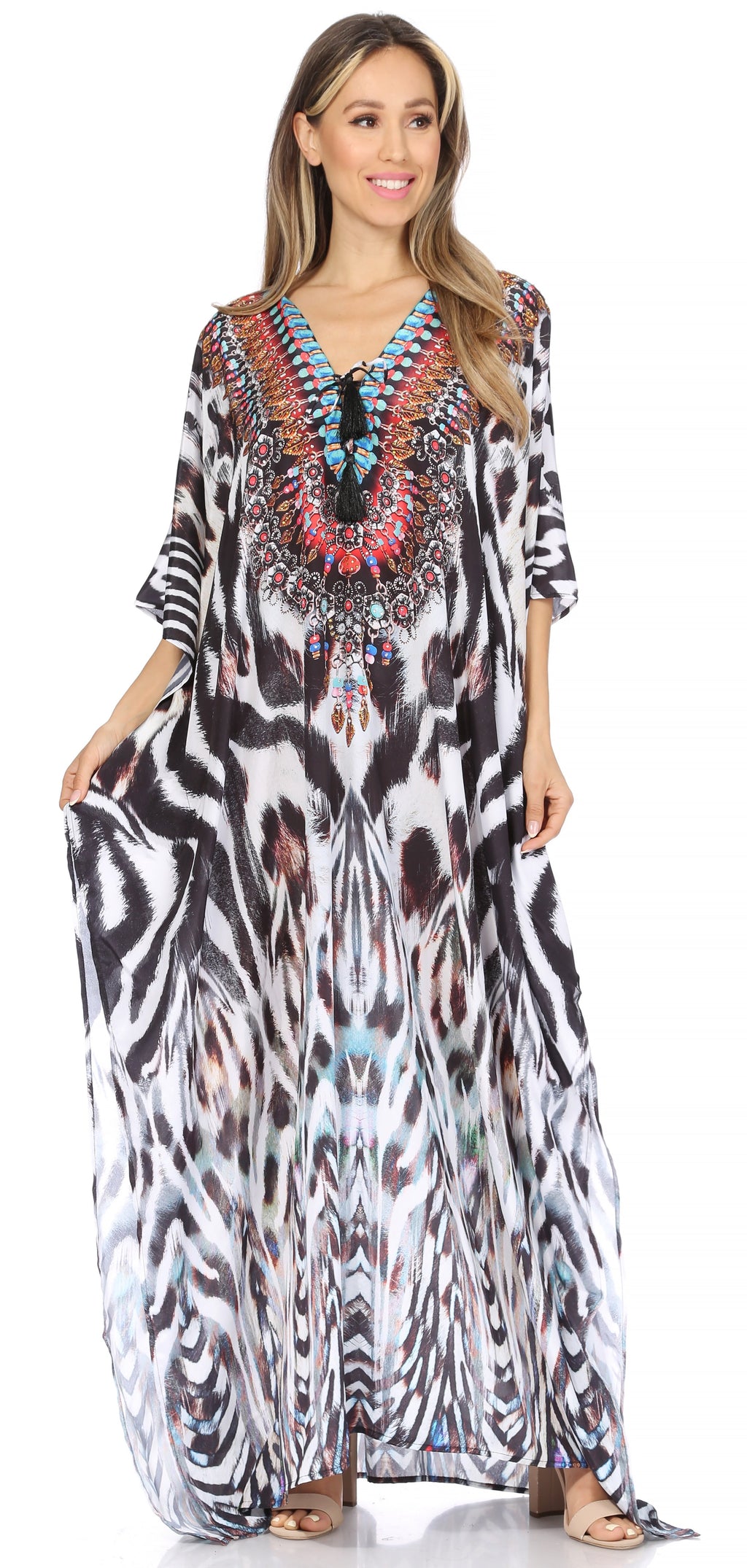 Sakkas Georgettina Flowy Rhinestone V-Neck Long Caftan Dress & Cover Up