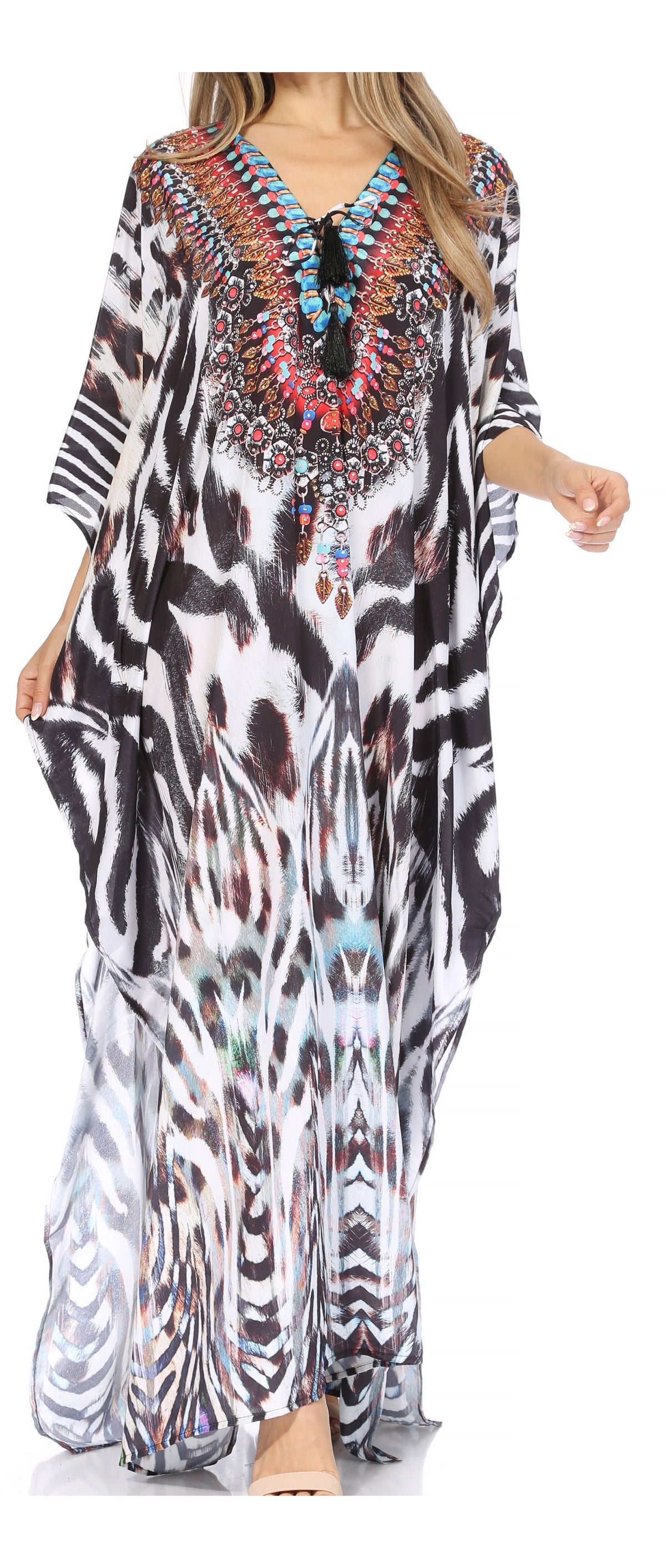 Sakkas Georgettina Flowy Rhinestone V-Neck Long Caftan Dress & Cover Up