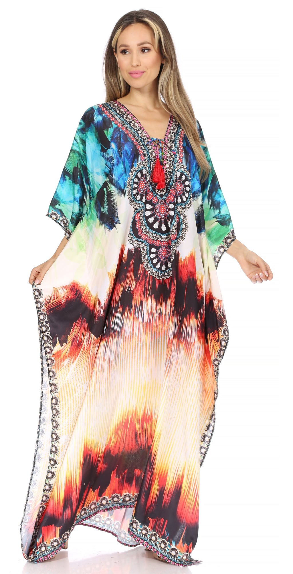 Sakkas Georgettina Flowy Rhinestone V-Neck Long Caftan Dress & Cover Up