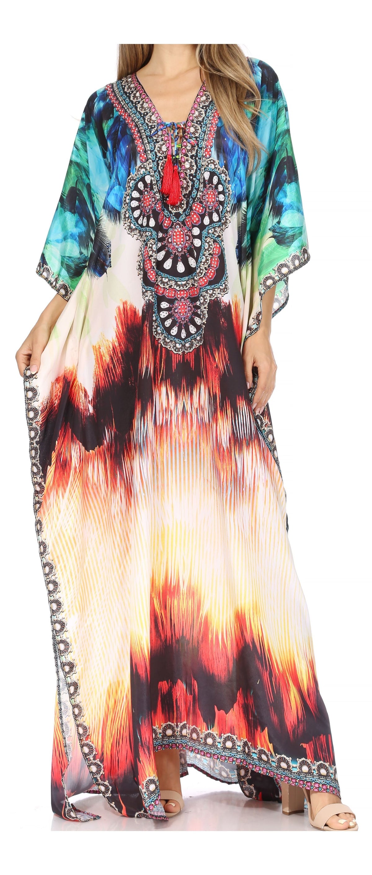 Sakkas Georgettina Flowy Rhinestone V-Neck Long Caftan Dress & Cover Up