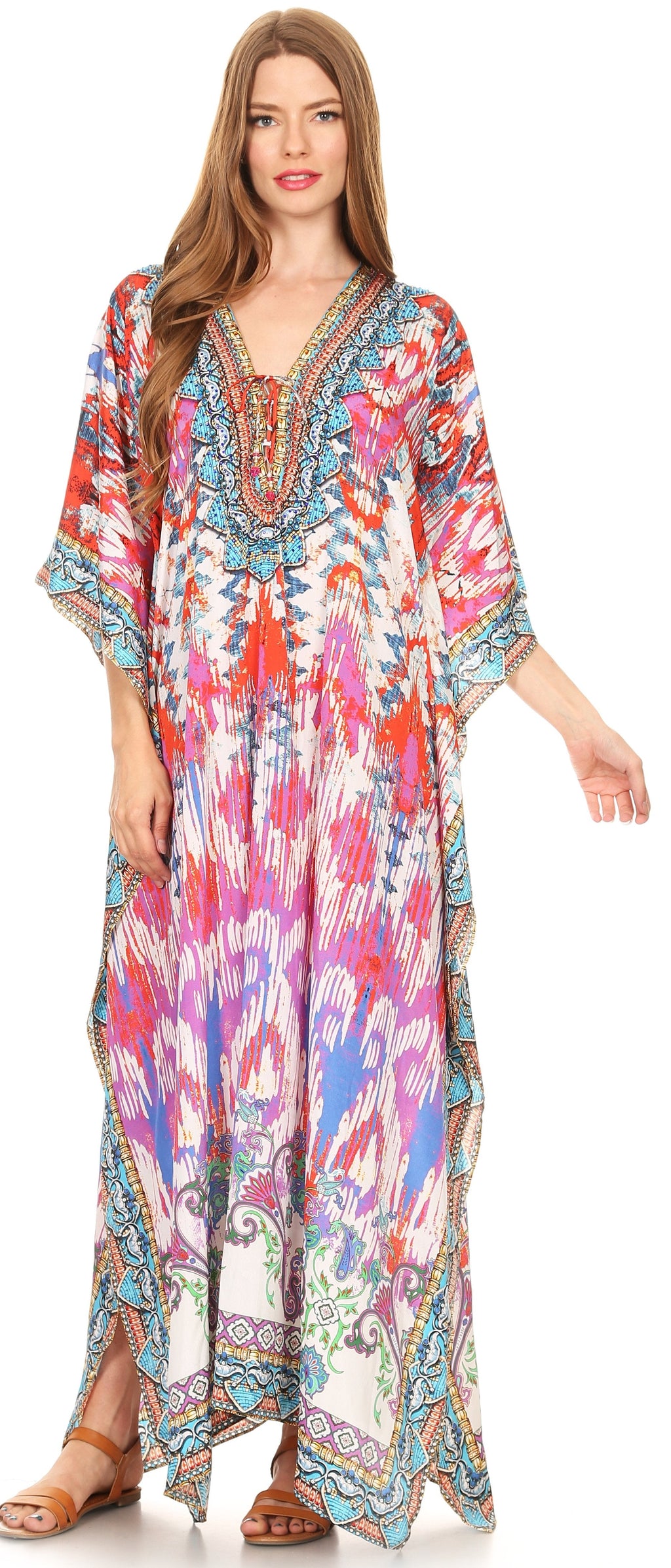 Sakkas Georgettina Flowy Rhinestone V-Neck Long Caftan Dress & Cover Up