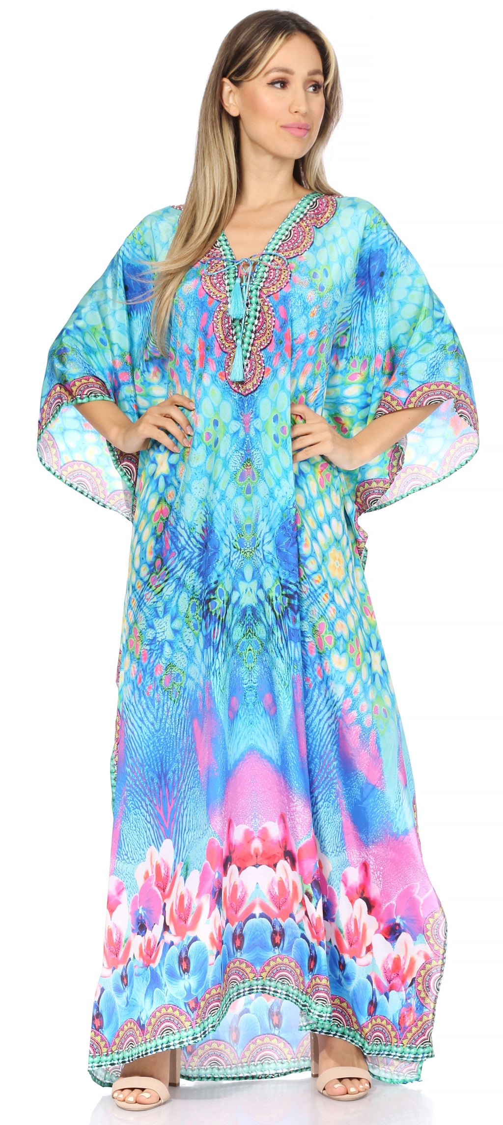 Sakkas Georgettina Flowy Rhinestone V-Neck Long Caftan Dress & Cover Up