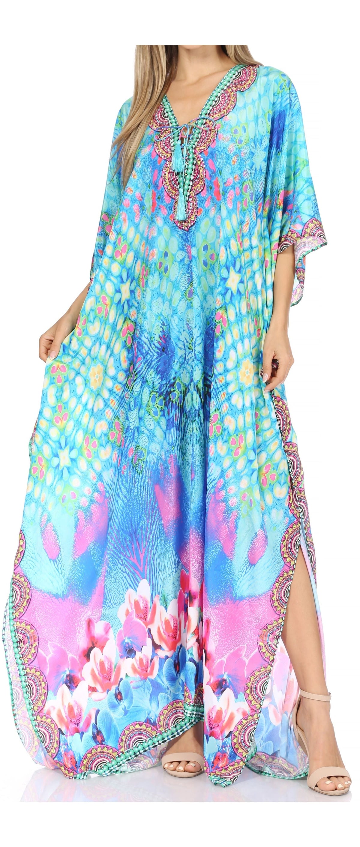 Sakkas Georgettina Flowy Rhinestone V-Neck Long Caftan Dress & Cover Up