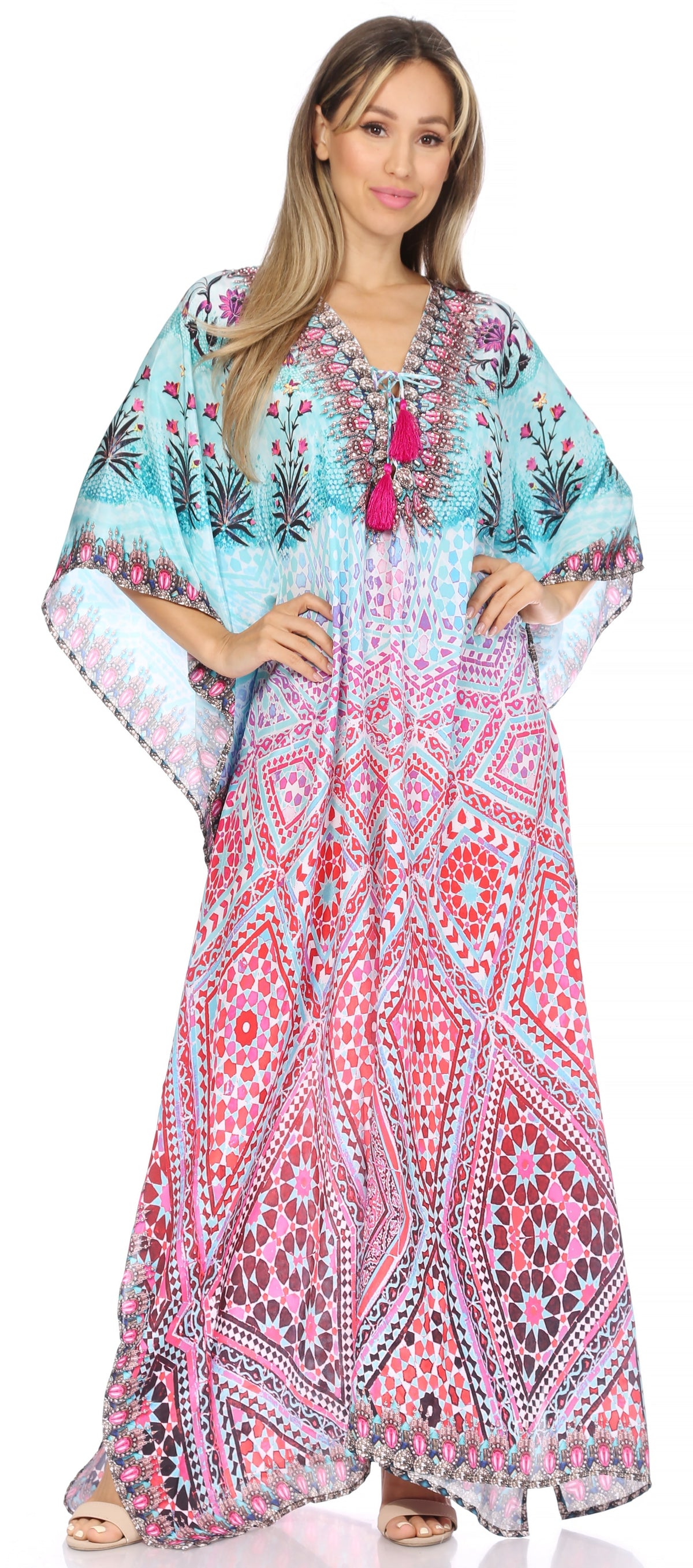 Sakkas Georgettina Flowy Rhinestone V-Neck Long Caftan Dress & Cover Up