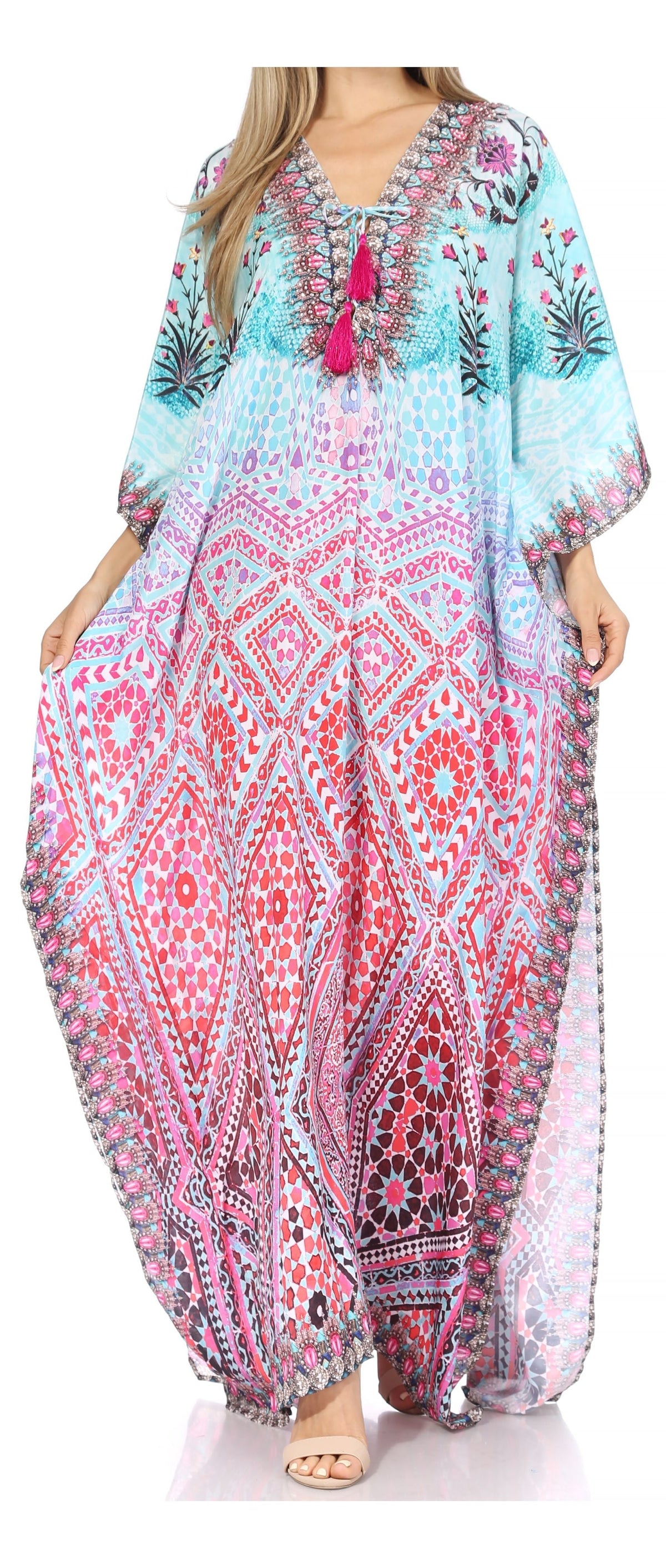 Sakkas Georgettina Flowy Rhinestone V-Neck Long Caftan Dress & Cover Up