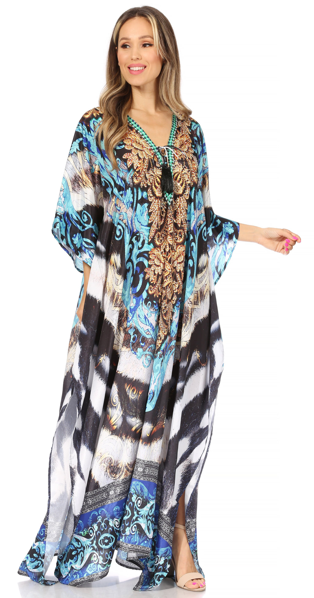 Sakkas Georgettina Flowy Rhinestone V-Neck Long Caftan Dress & Cover Up