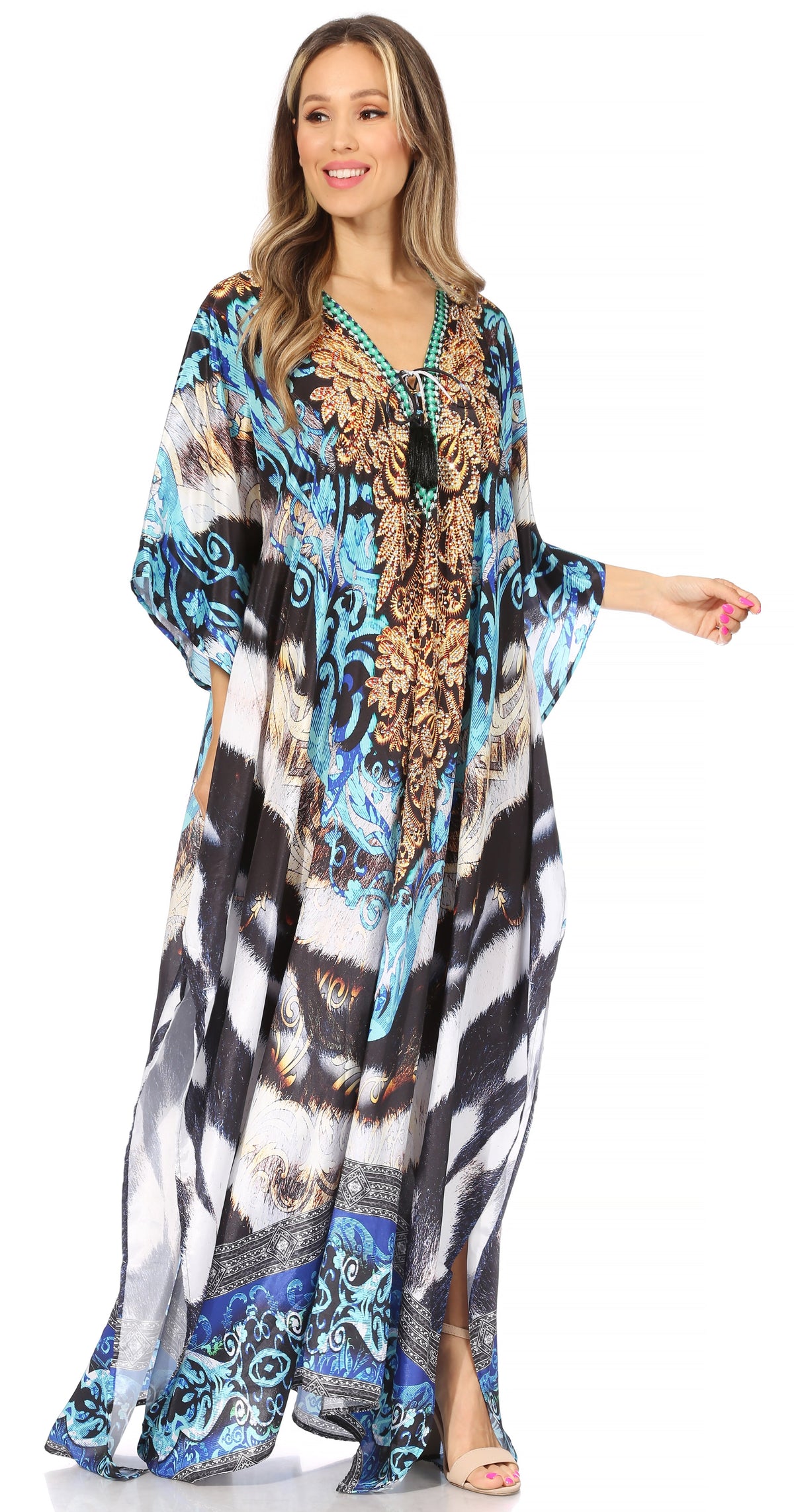 Sakkas Georgettina Flowy Rhinestone V-Neck Long Caftan Dress & Cover Up