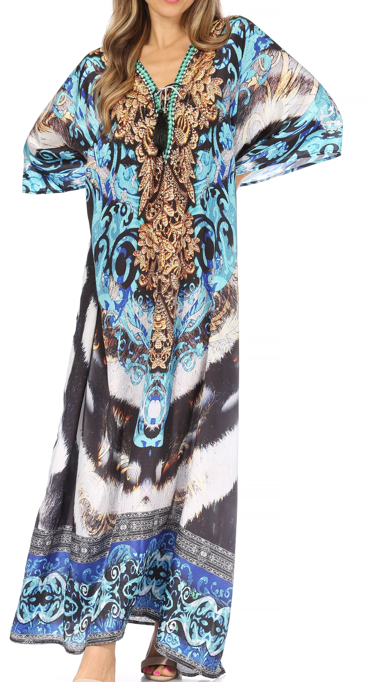 Sakkas Georgettina Flowy Rhinestone V-Neck Long Caftan Dress & Cover Up
