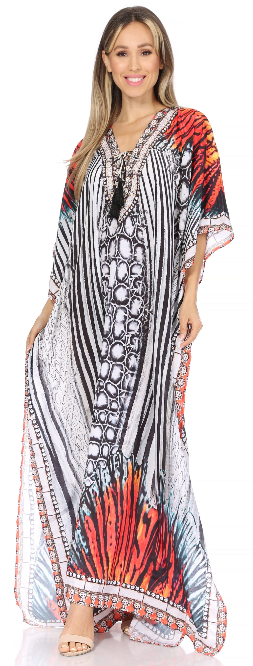 Sakkas Georgettina Flowy Rhinestone V-Neck Long Caftan Dress & Cover Up