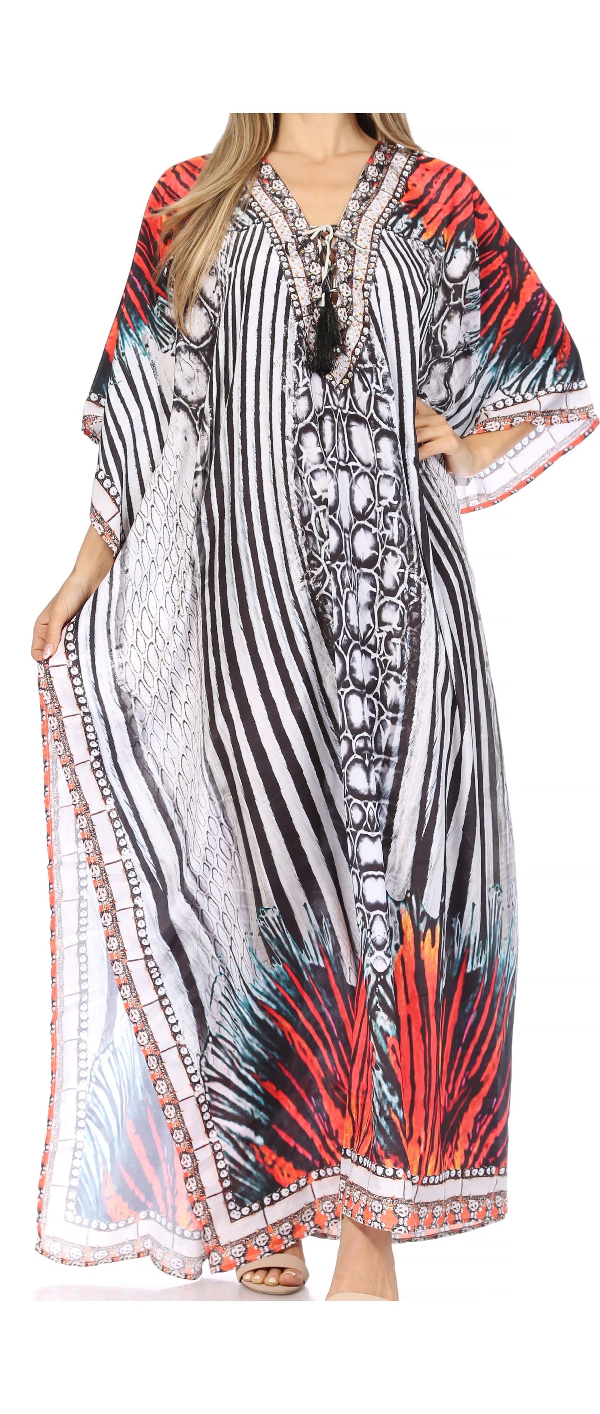 Sakkas Georgettina Flowy Rhinestone V-Neck Long Caftan Dress & Cover Up