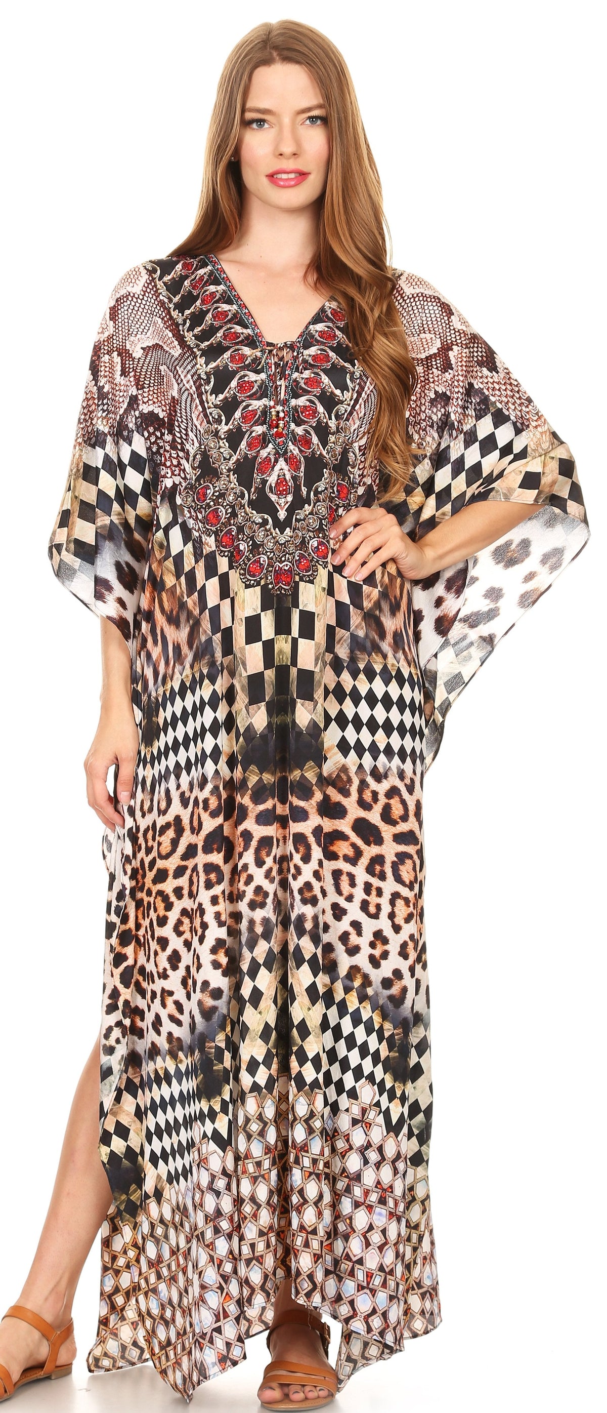 Sakkas Georgettina Flowy Rhinestone V-Neck Long Caftan Dress & Cover Up