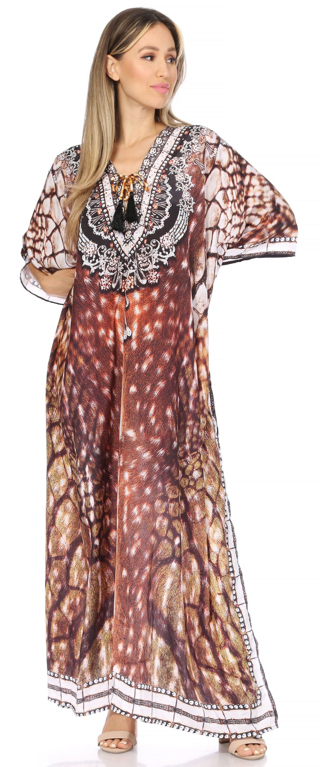 Sakkas Georgettina Flowy Rhinestone V-Neck Long Caftan Dress & Cover Up