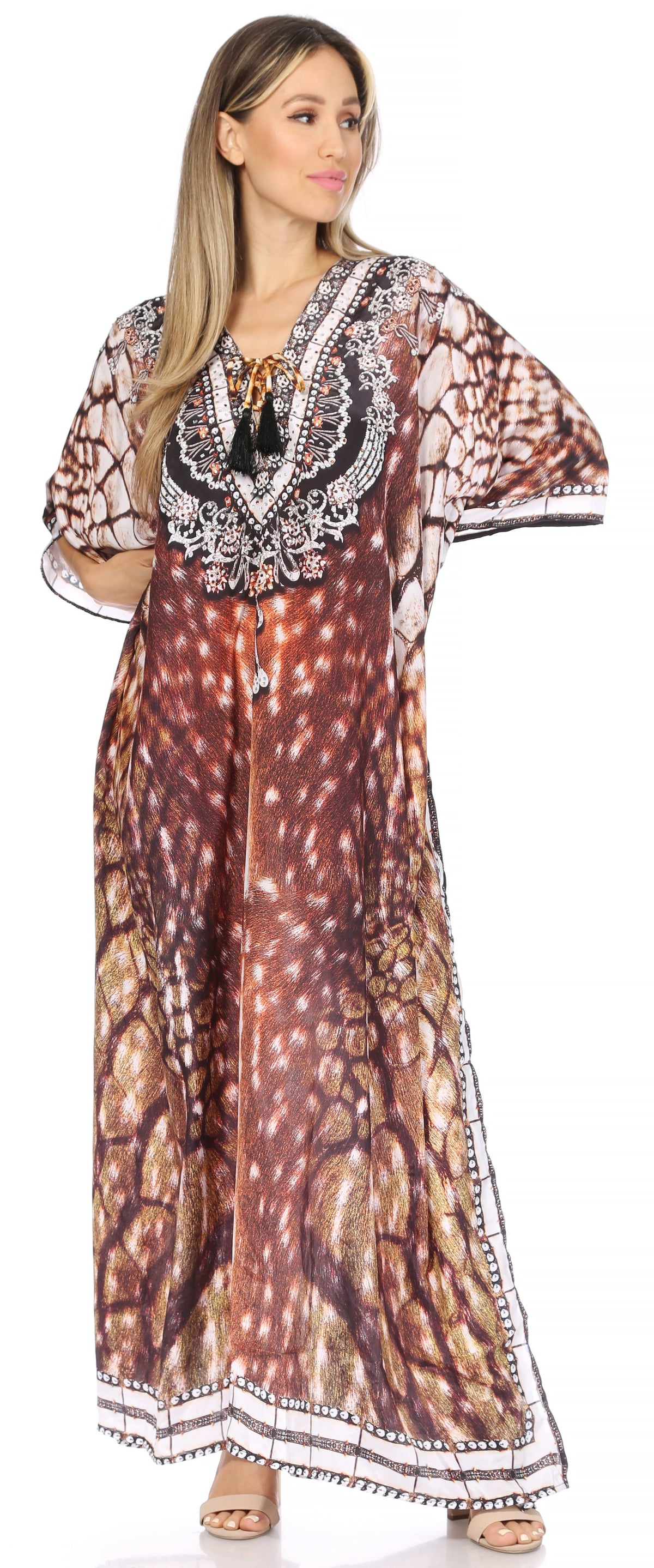 Sakkas Georgettina Flowy Rhinestone V-Neck Long Caftan Dress & Cover Up