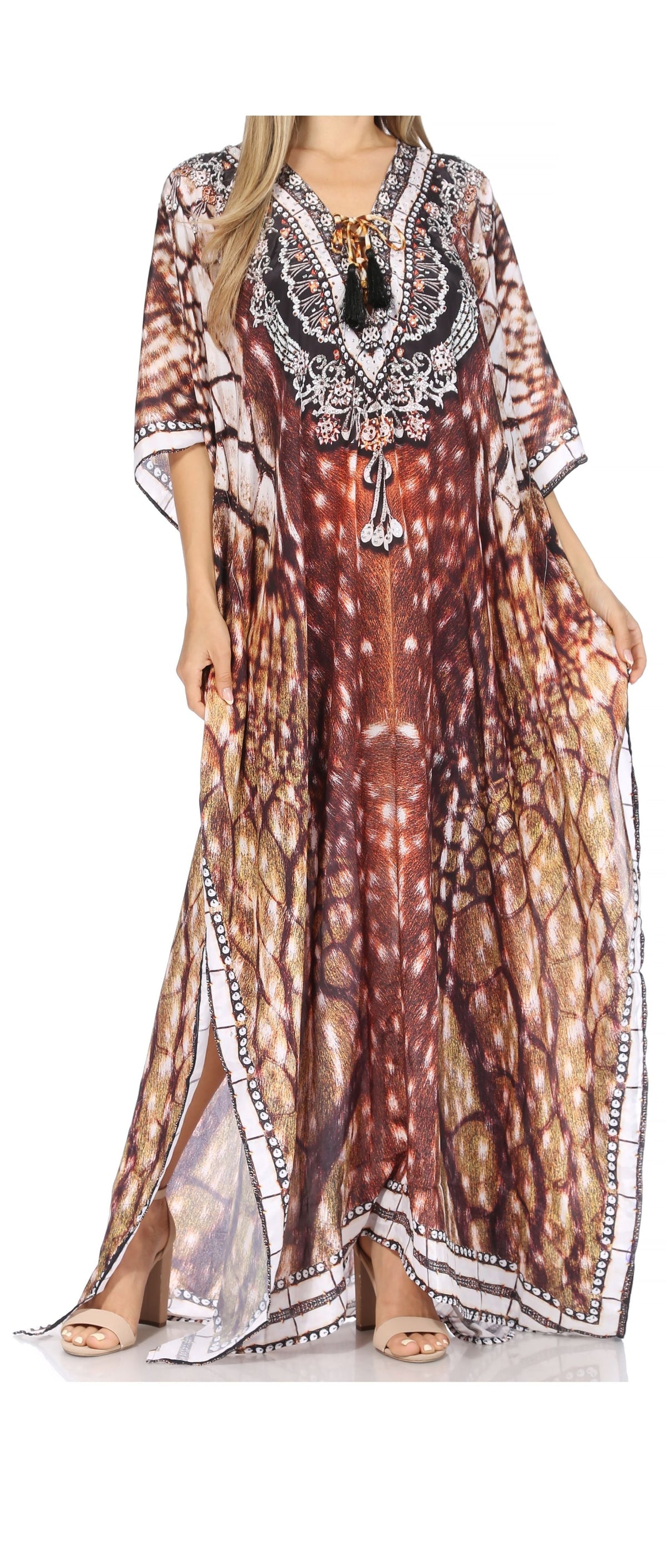 Sakkas Georgettina Flowy Rhinestone V-Neck Long Caftan Dress & Cover Up