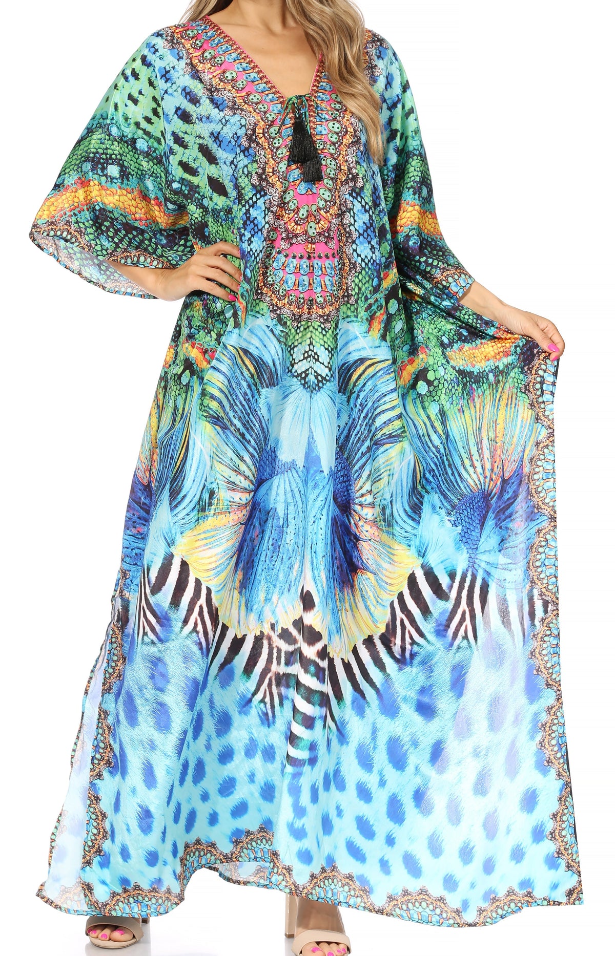Sakkas Georgettina Flowy Rhinestone V-Neck Long Caftan Dress & Cover Up