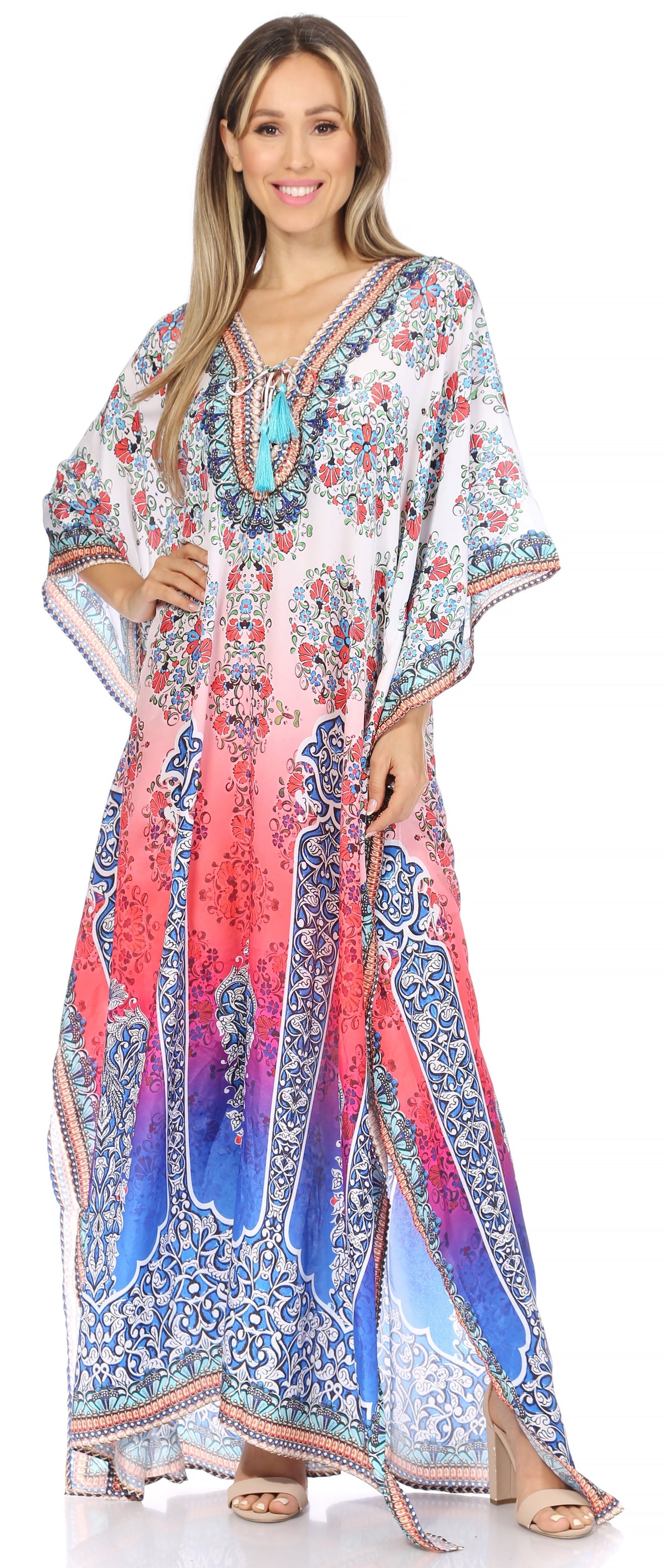 Sakkas Georgettina Flowy Rhinestone V-Neck Long Caftan Dress & Cover Up