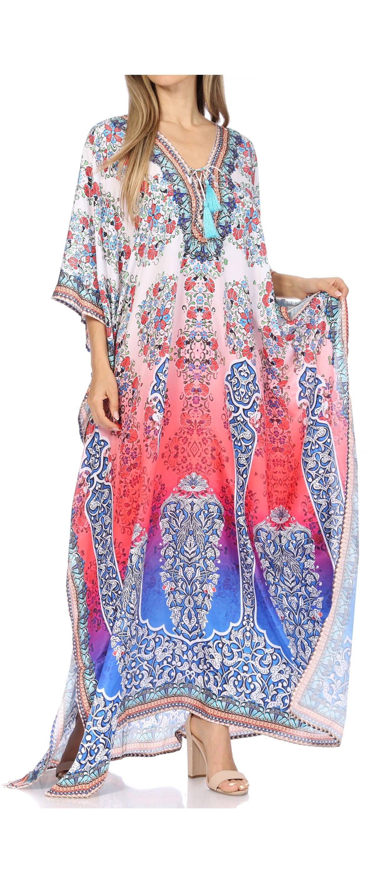 Sakkas Georgettina Flowy Rhinestone V-Neck Long Caftan Dress & Cover Up