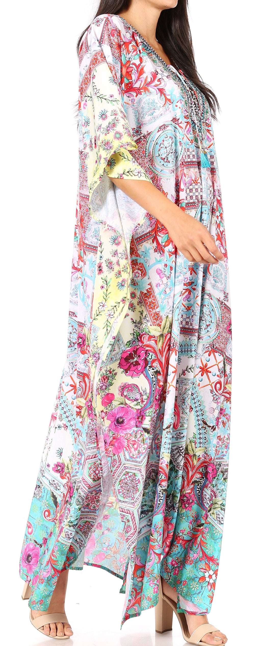 Sakkas Georgettina Flowy Rhinestone V-Neck Long Caftan Dress & Cover Up