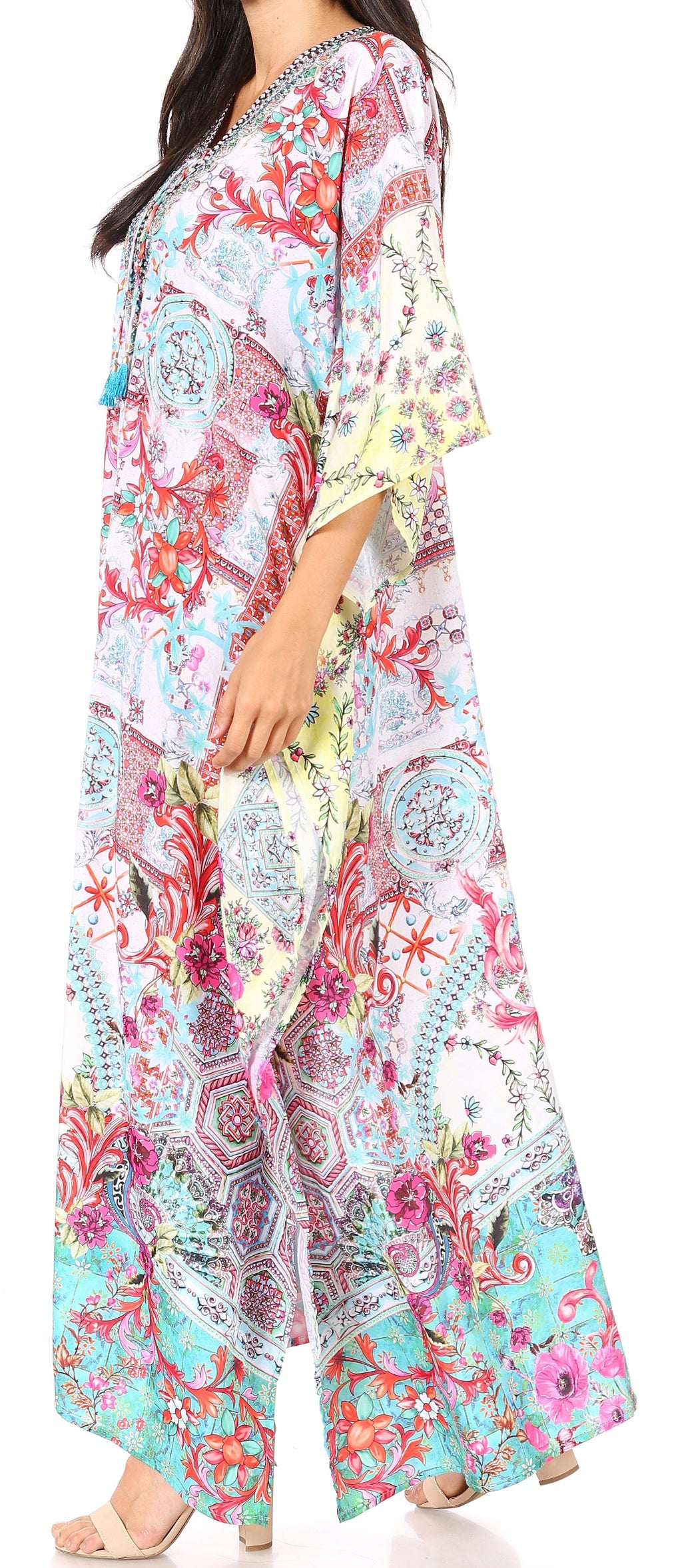 Sakkas Georgettina Flowy Rhinestone V-Neck Long Caftan Dress & Cover Up