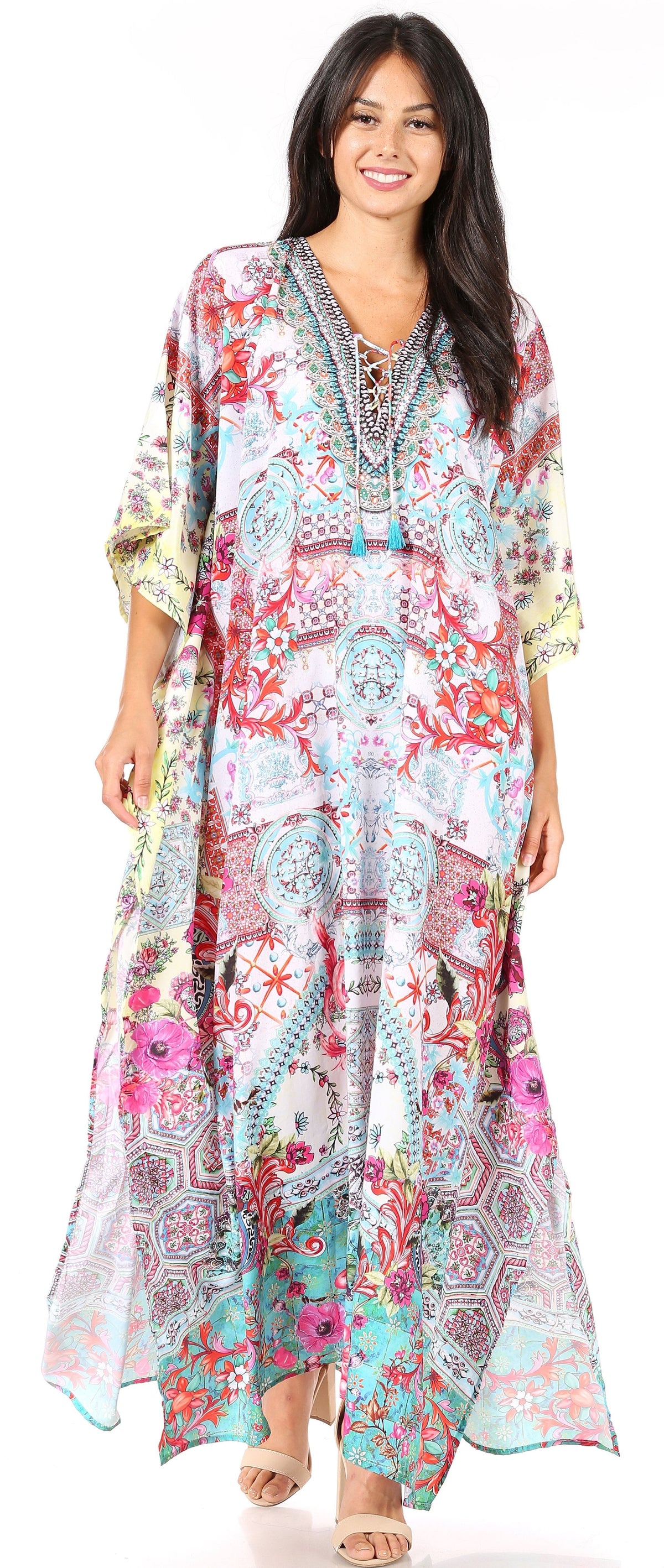 Sakkas Georgettina Flowy Rhinestone V-Neck Long Caftan Dress & Cover Up