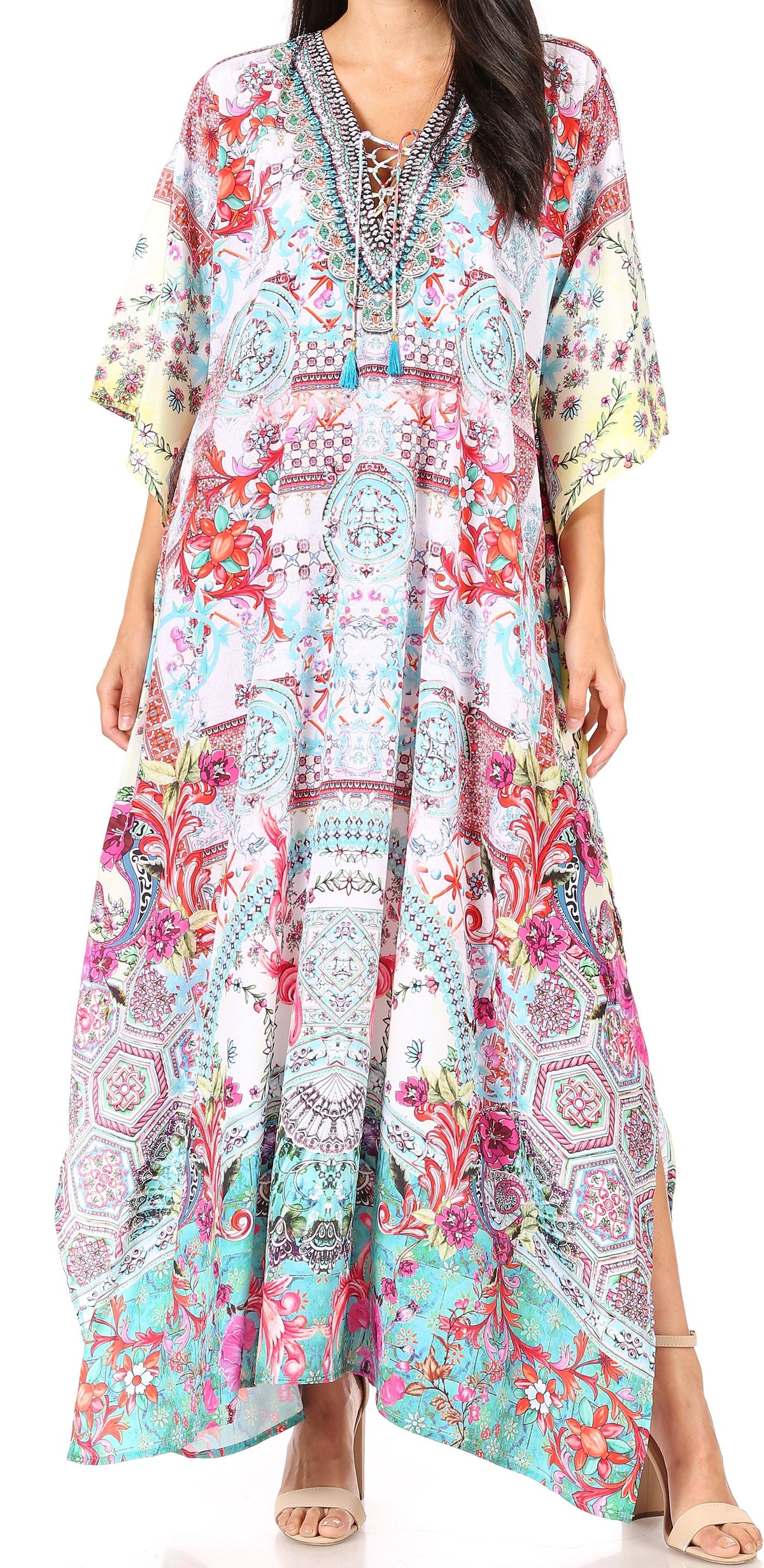 Sakkas Georgettina Flowy Rhinestone V-Neck Long Caftan Dress & Cover Up