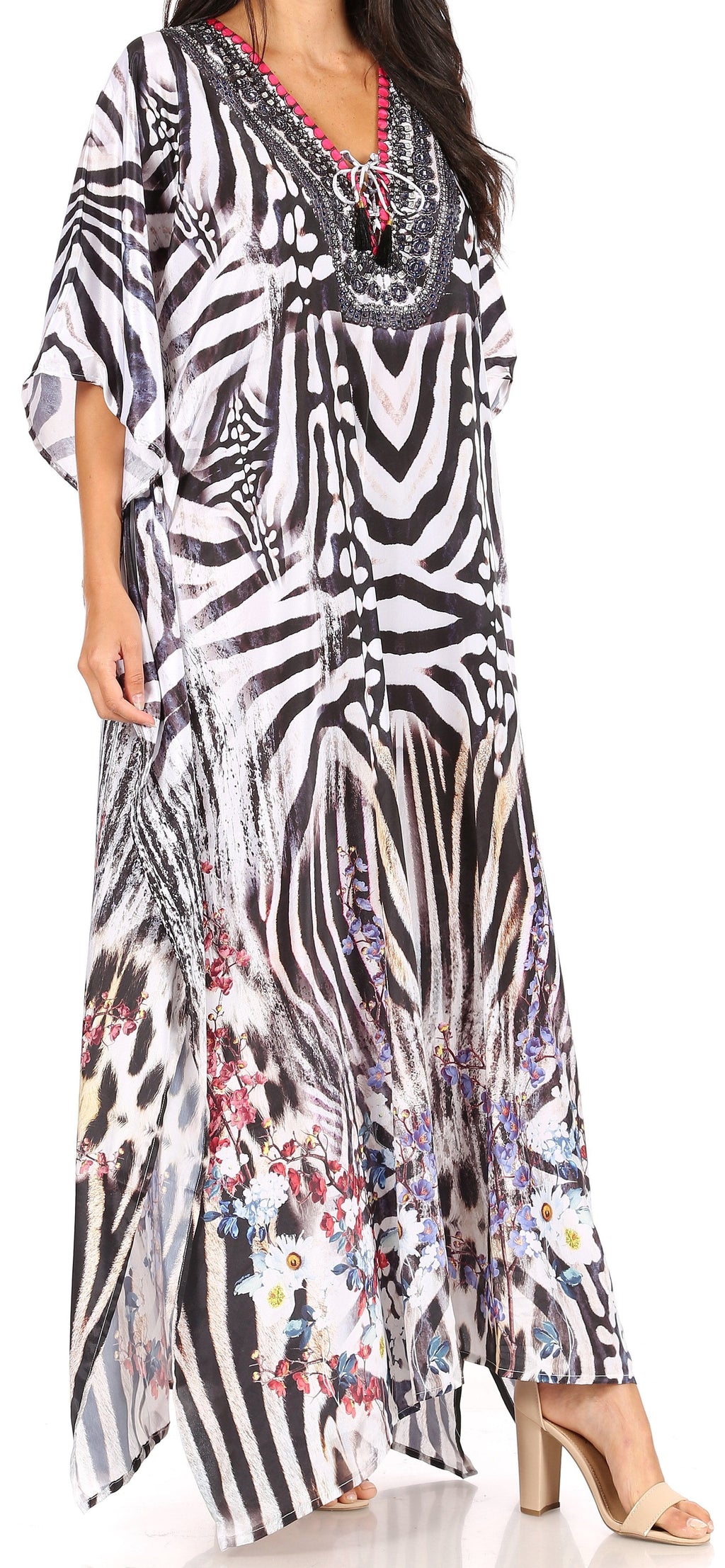 Sakkas Georgettina Flowy Rhinestone V-Neck Long Caftan Dress & Cover Up