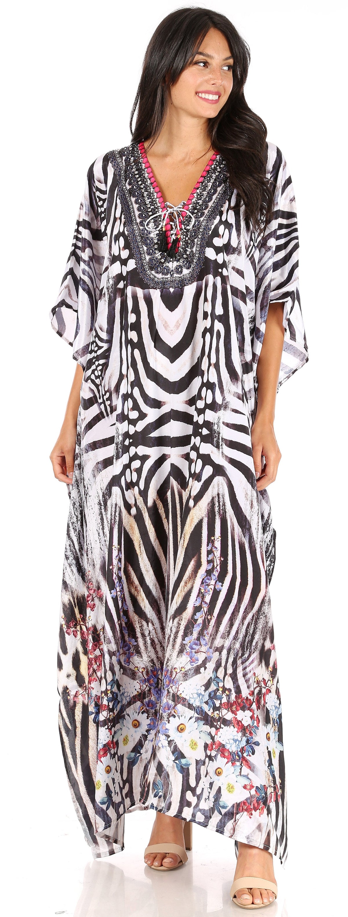 Sakkas Georgettina Flowy Rhinestone V-Neck Long Caftan Dress & Cover Up