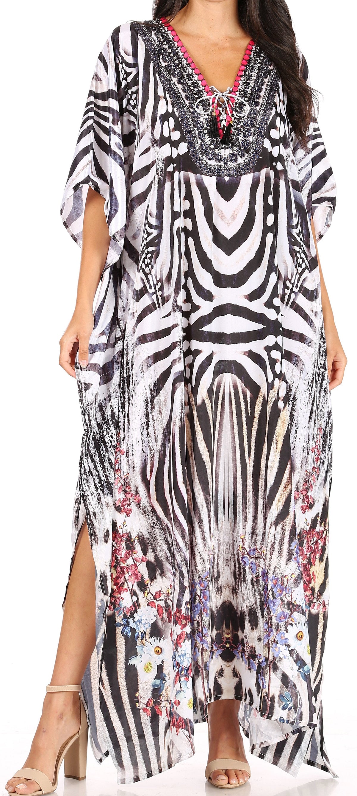 Sakkas Georgettina Flowy Rhinestone V-Neck Long Caftan Dress & Cover Up