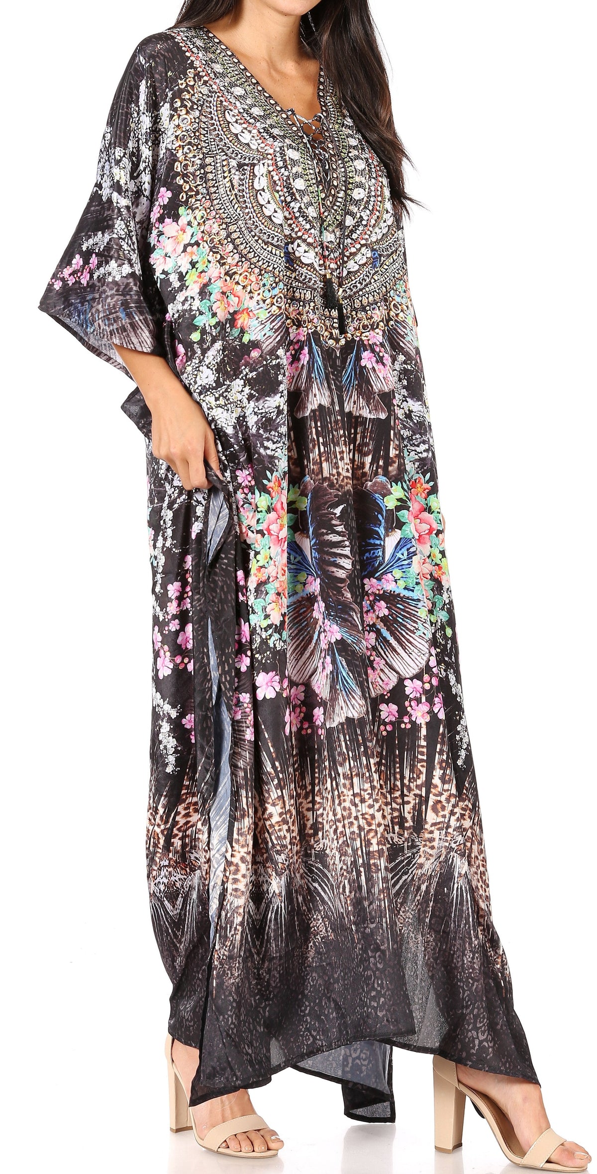 Sakkas Georgettina Flowy Rhinestone V-Neck Long Caftan Dress & Cover Up