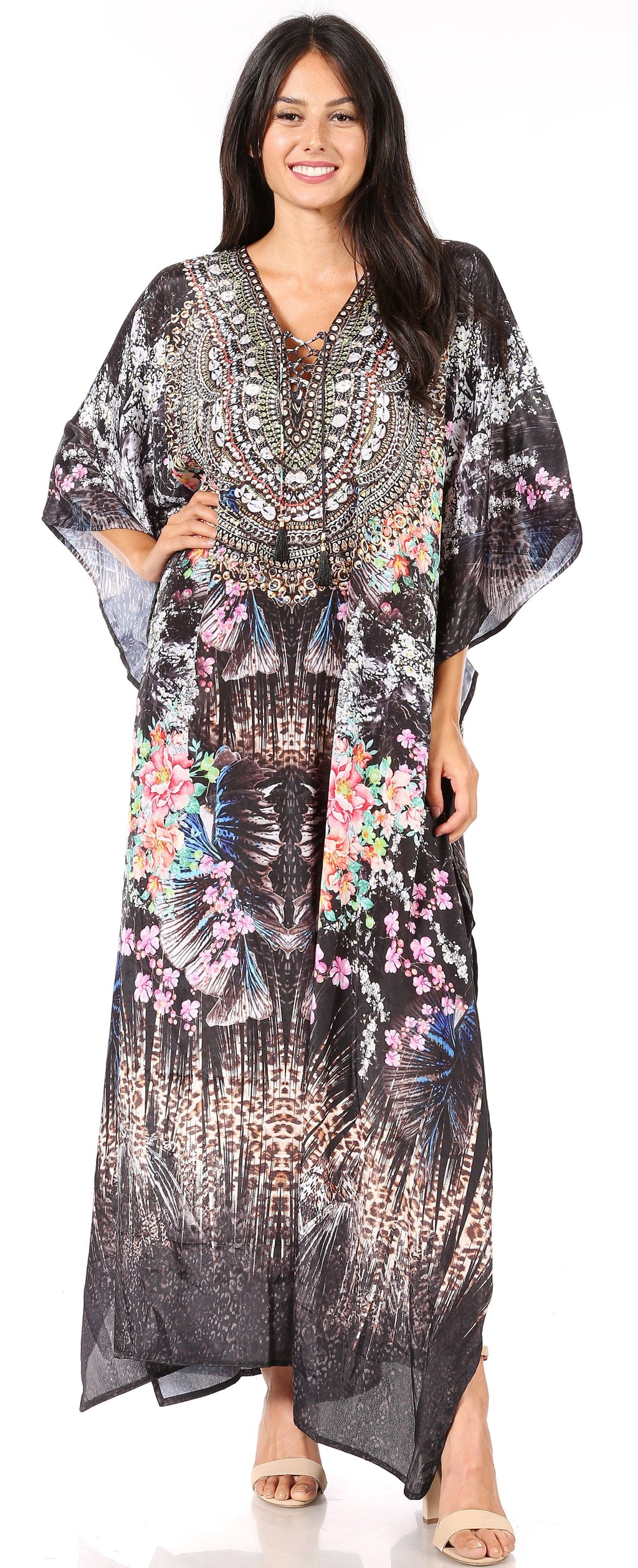 Sakkas Georgettina Flowy Rhinestone V-Neck Long Caftan Dress & Cover Up