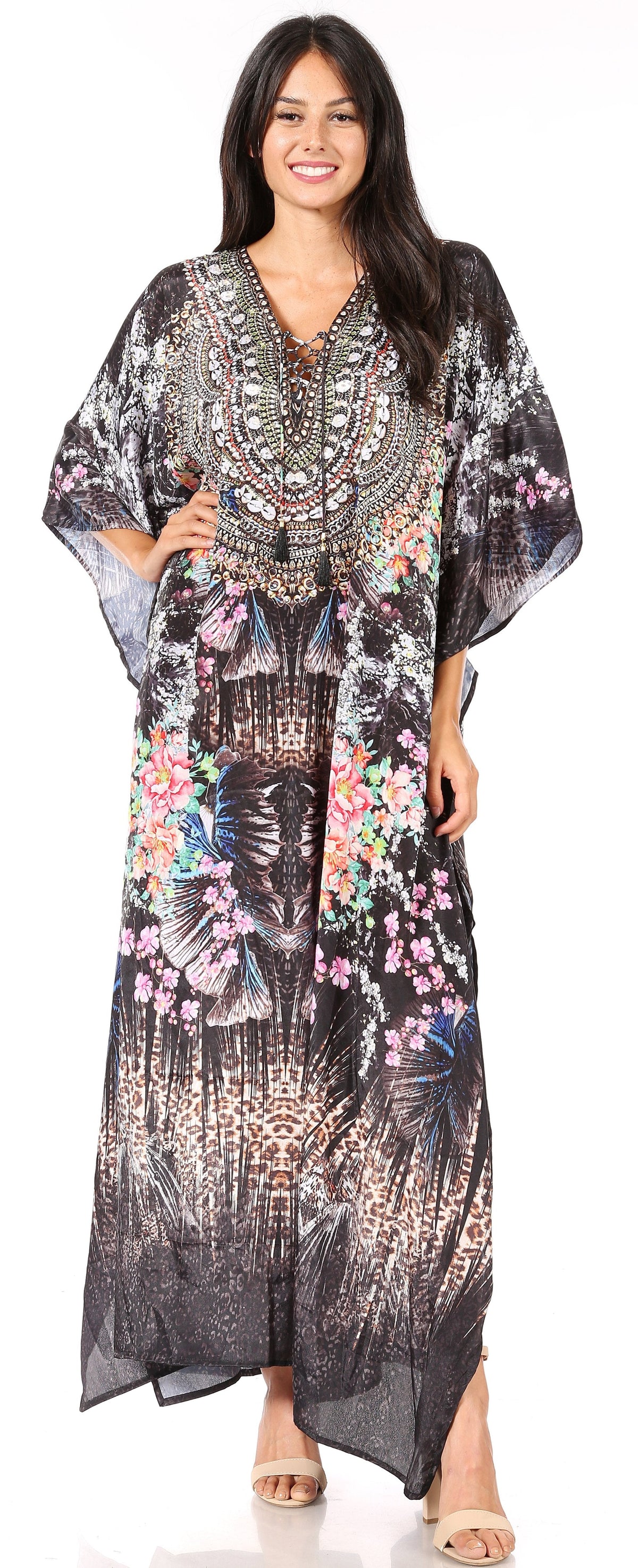 Sakkas Georgettina Flowy Rhinestone V-Neck Long Caftan Dress & Cover Up