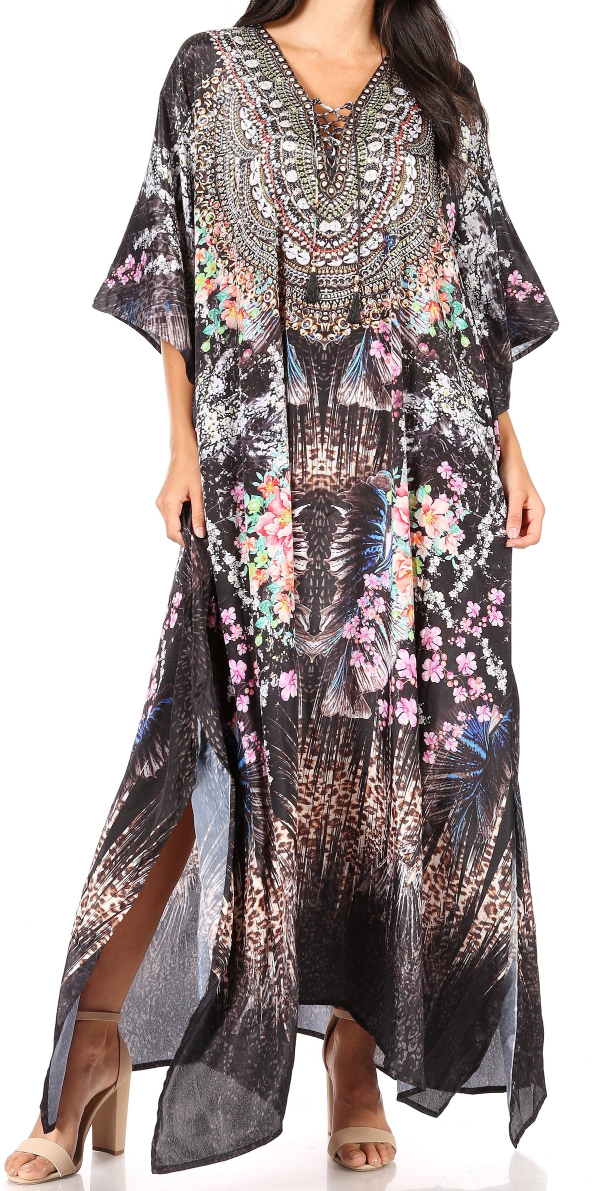 Sakkas Georgettina Flowy Rhinestone V-Neck Long Caftan Dress & Cover Up
