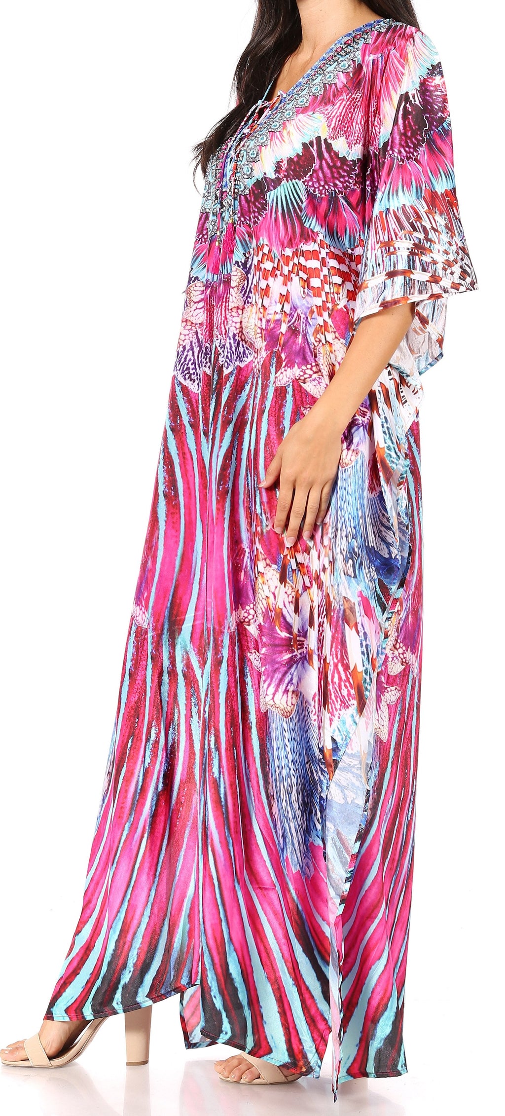 Sakkas Georgettina Flowy Rhinestone V-Neck Long Caftan Dress & Cover Up