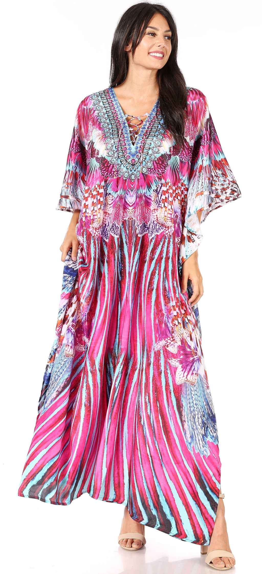 Sakkas Georgettina Flowy Rhinestone V-Neck Long Caftan Dress & Cover Up