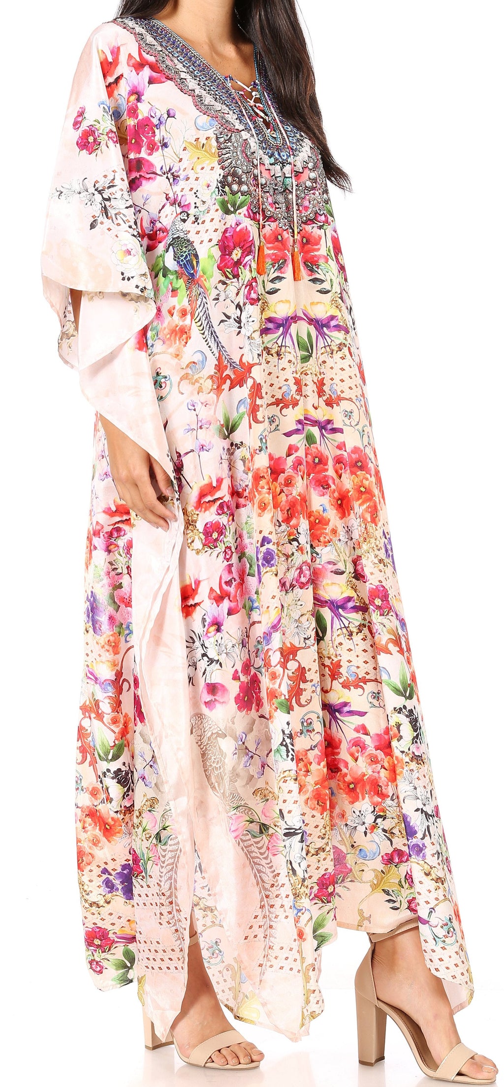Sakkas Georgettina Flowy Rhinestone V-Neck Long Caftan Dress & Cover Up