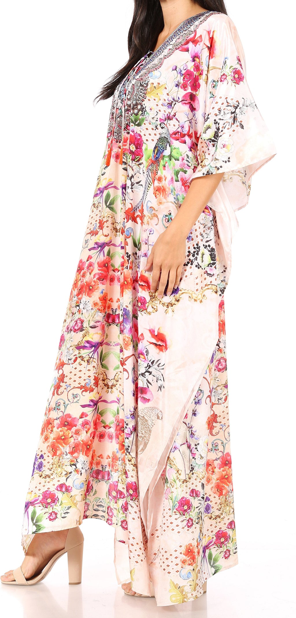 Sakkas Georgettina Flowy Rhinestone V-Neck Long Caftan Dress & Cover Up