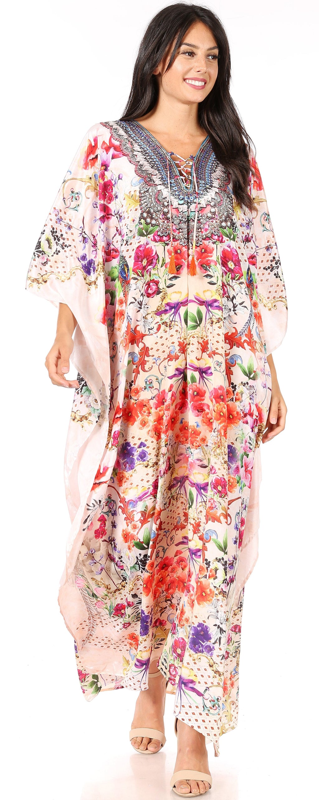 Sakkas Georgettina Flowy Rhinestone V-Neck Long Caftan Dress & Cover Up