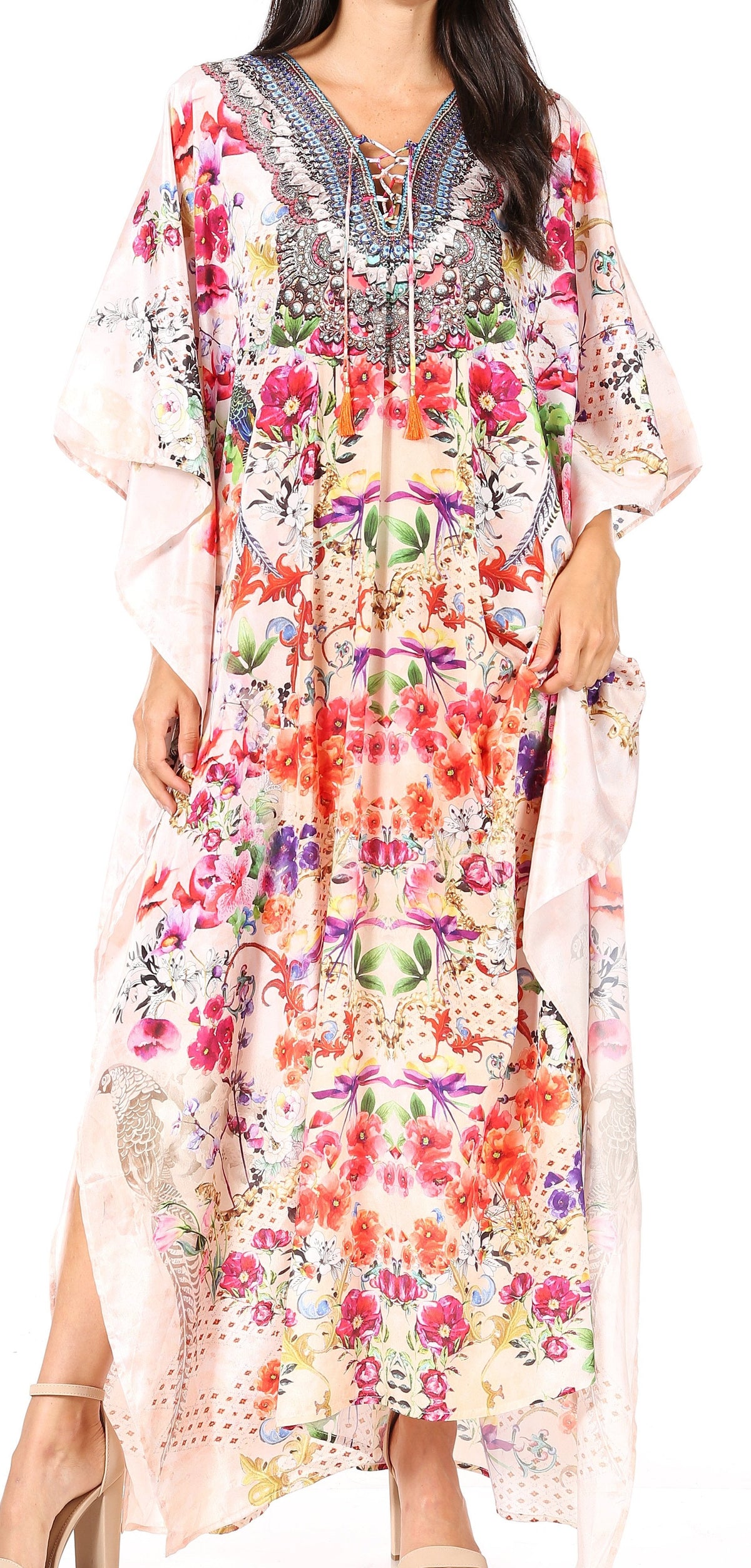 Sakkas Georgettina Flowy Rhinestone V-Neck Long Caftan Dress & Cover Up
