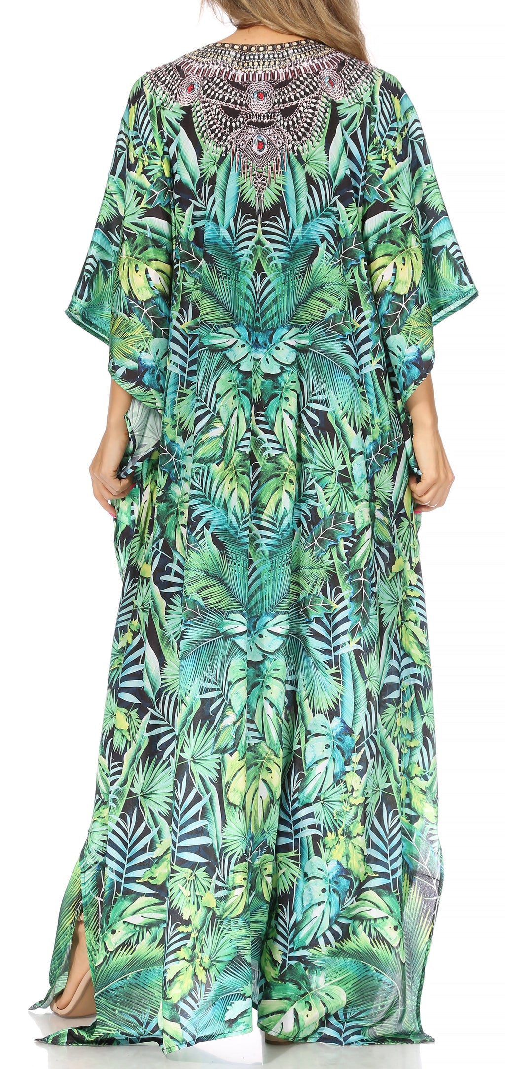 Sakkas Georgettina Flowy Rhinestone V-Neck Long Caftan Dress & Cover Up