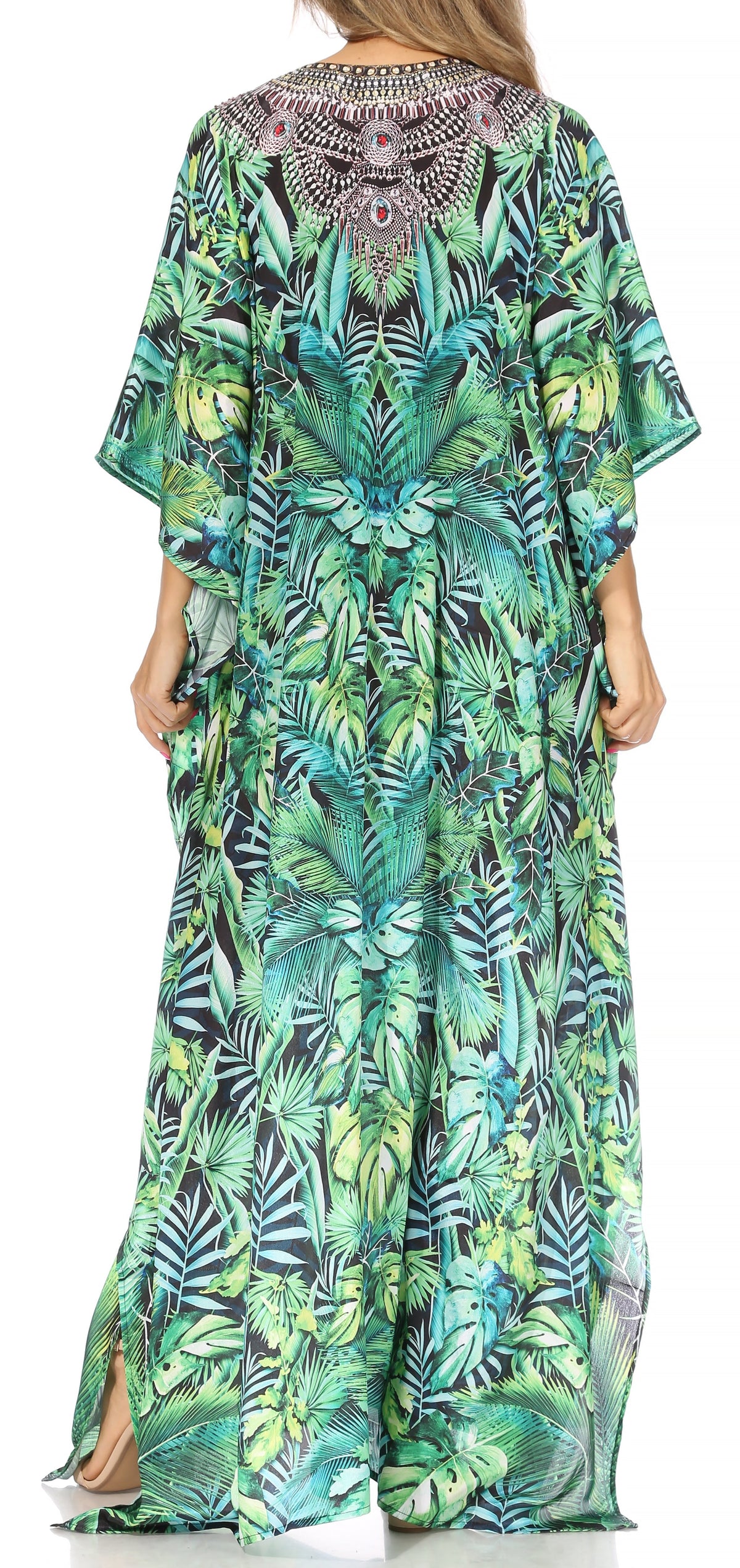 Sakkas Georgettina Flowy Rhinestone V-Neck Long Caftan Dress & Cover Up