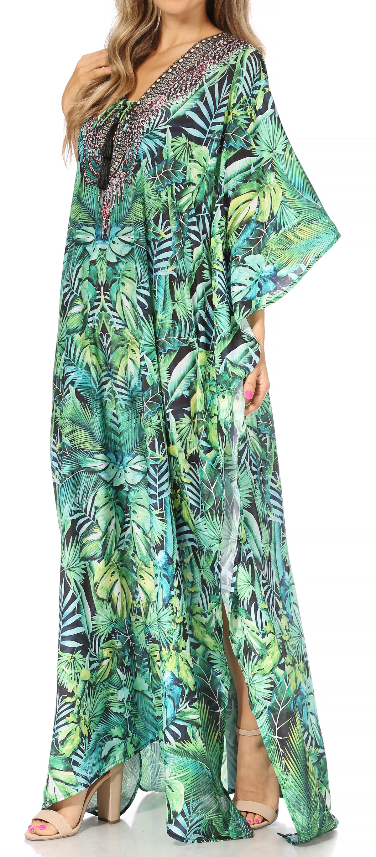 Sakkas Georgettina Flowy Rhinestone V-Neck Long Caftan Dress & Cover Up