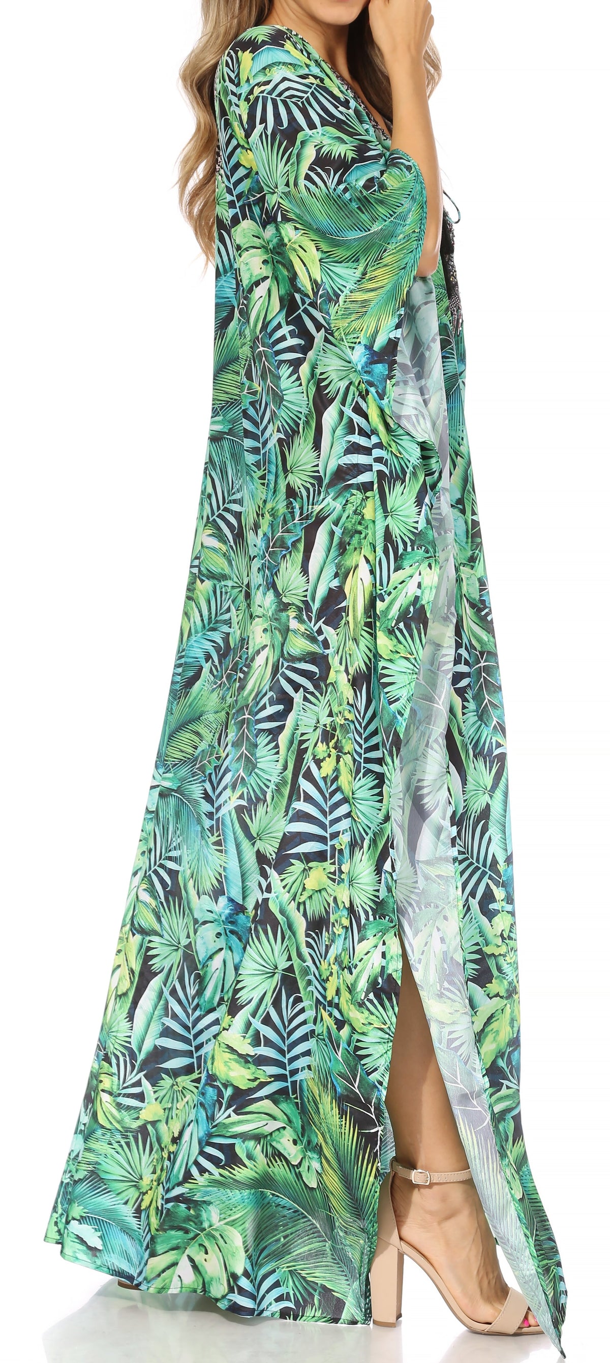 Sakkas Georgettina Flowy Rhinestone V-Neck Long Caftan Dress & Cover Up