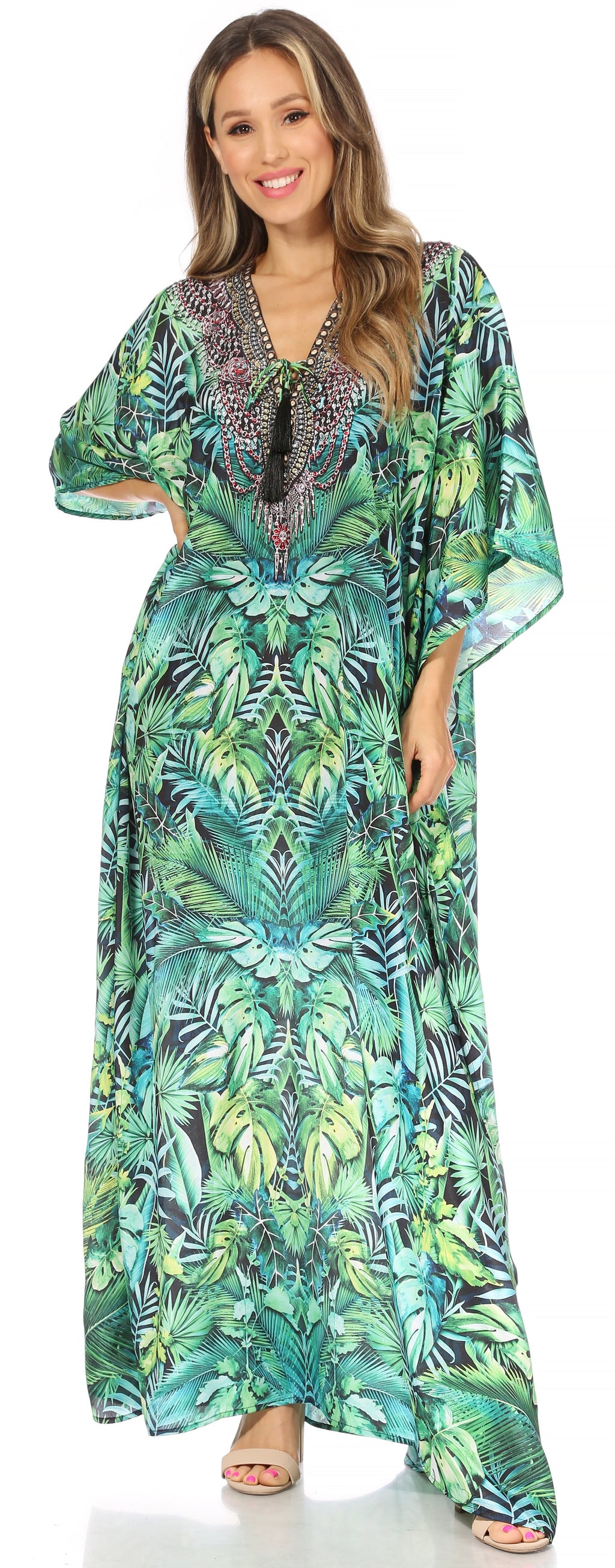 Sakkas Georgettina Flowy Rhinestone V-Neck Long Caftan Dress & Cover Up