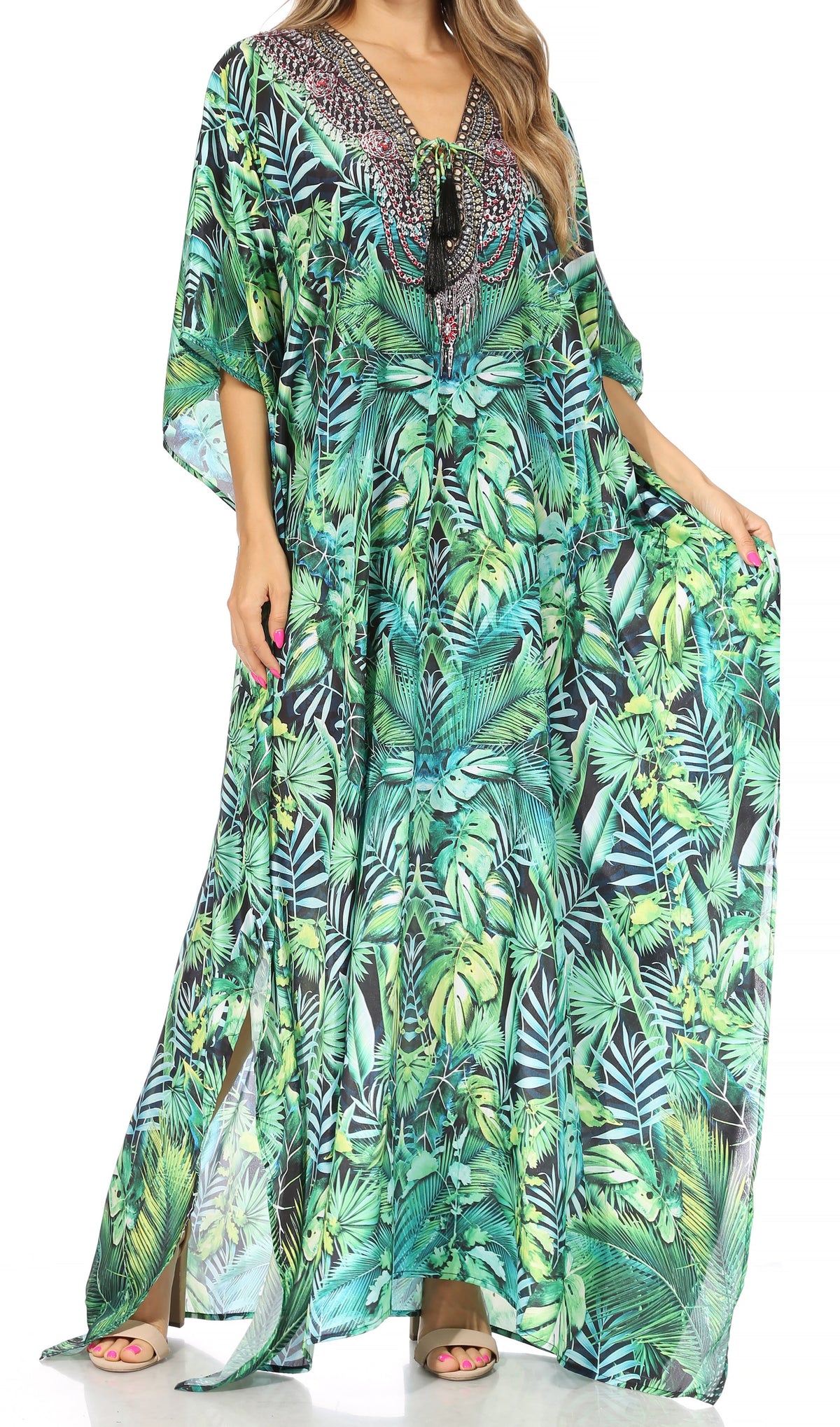Sakkas Georgettina Flowy Rhinestone V-Neck Long Caftan Dress & Cover Up