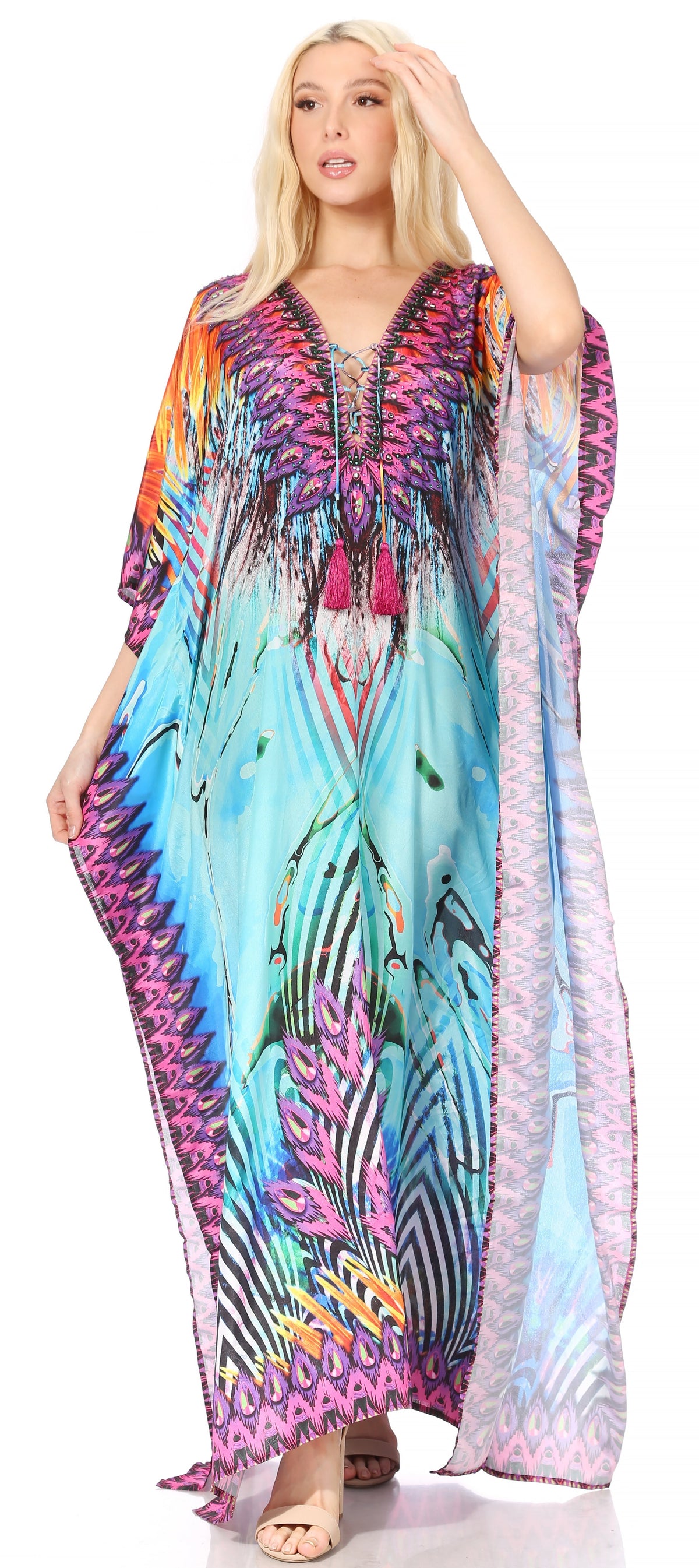 Sakkas Georgettina Flowy Rhinestone V-Neck Long Caftan Dress & Cover Up