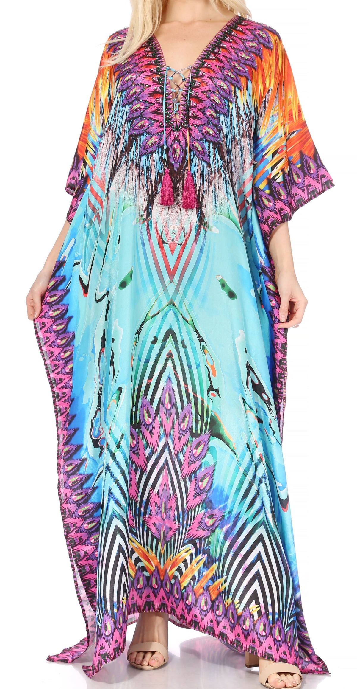 Sakkas Georgettina Flowy Rhinestone V-Neck Long Caftan Dress & Cover Up