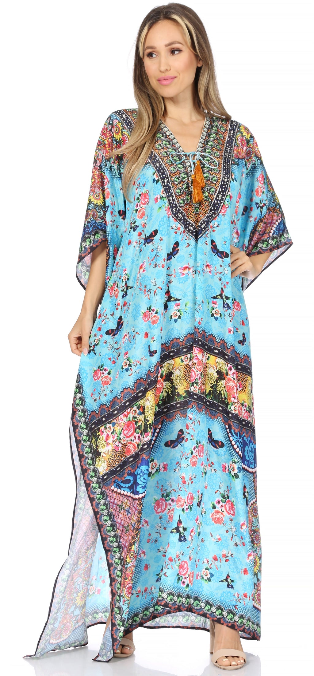 Sakkas Georgettina Flowy Rhinestone V-Neck Long Caftan Dress & Cover Up