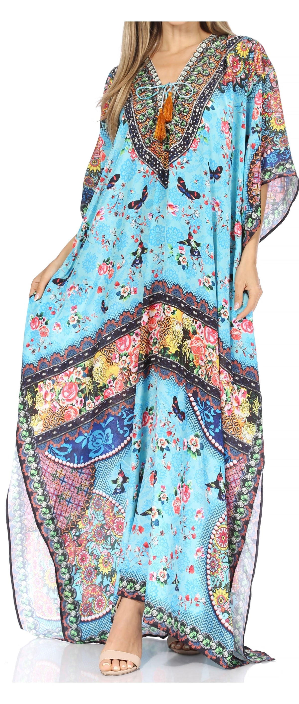 Sakkas Georgettina Flowy Rhinestone V-Neck Long Caftan Dress & Cover Up