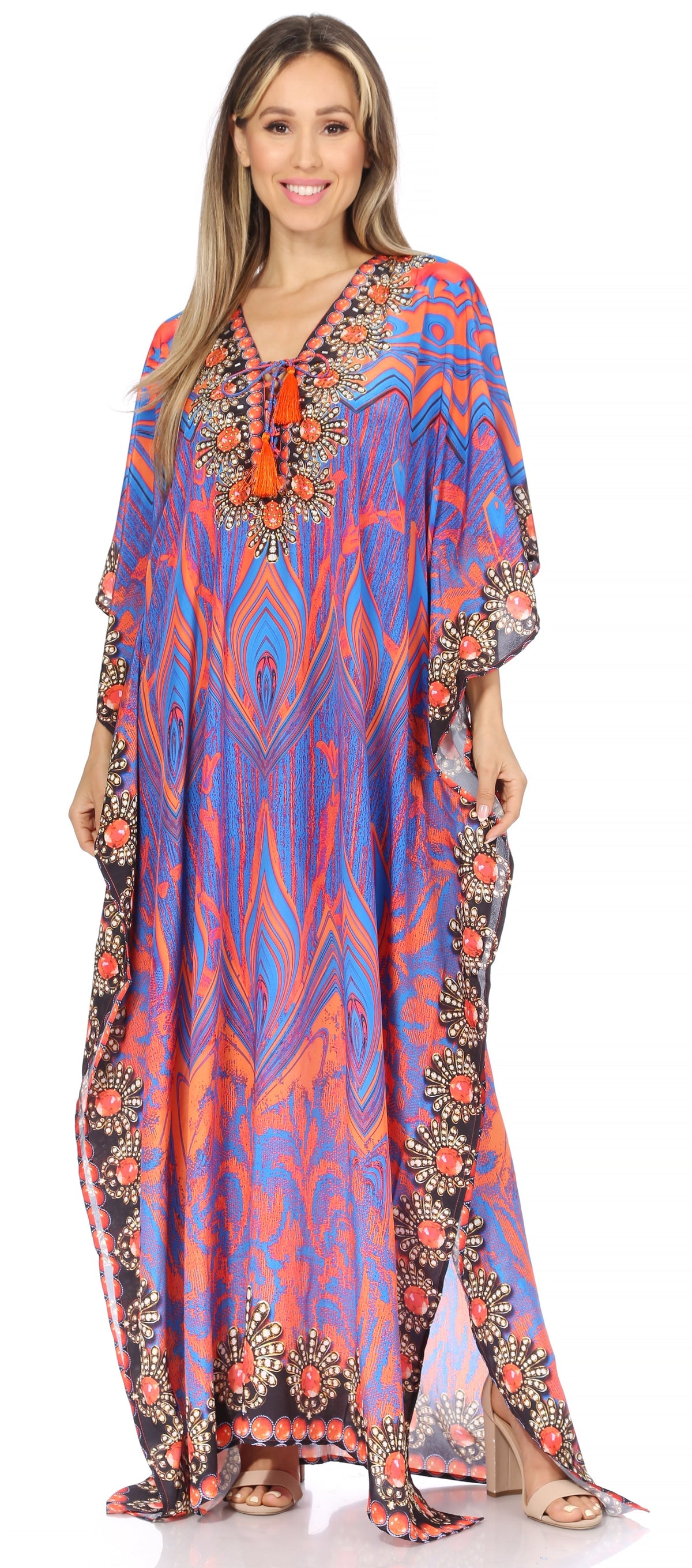 Sakkas Georgettina Flowy Rhinestone V-Neck Long Caftan Dress & Cover Up