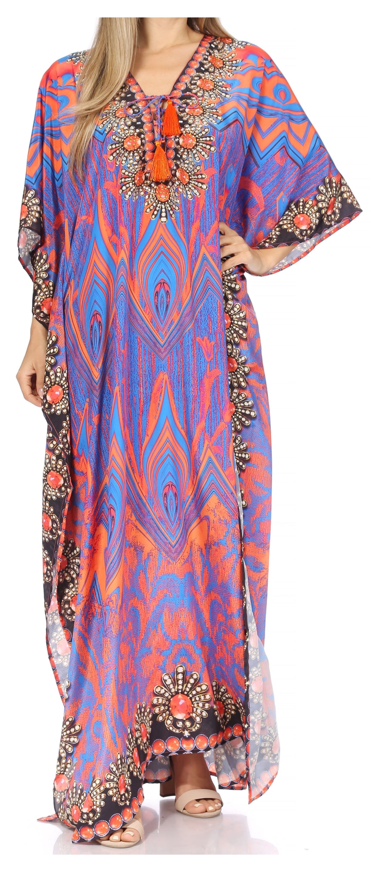 Sakkas Georgettina Flowy Rhinestone V-Neck Long Caftan Dress & Cover Up